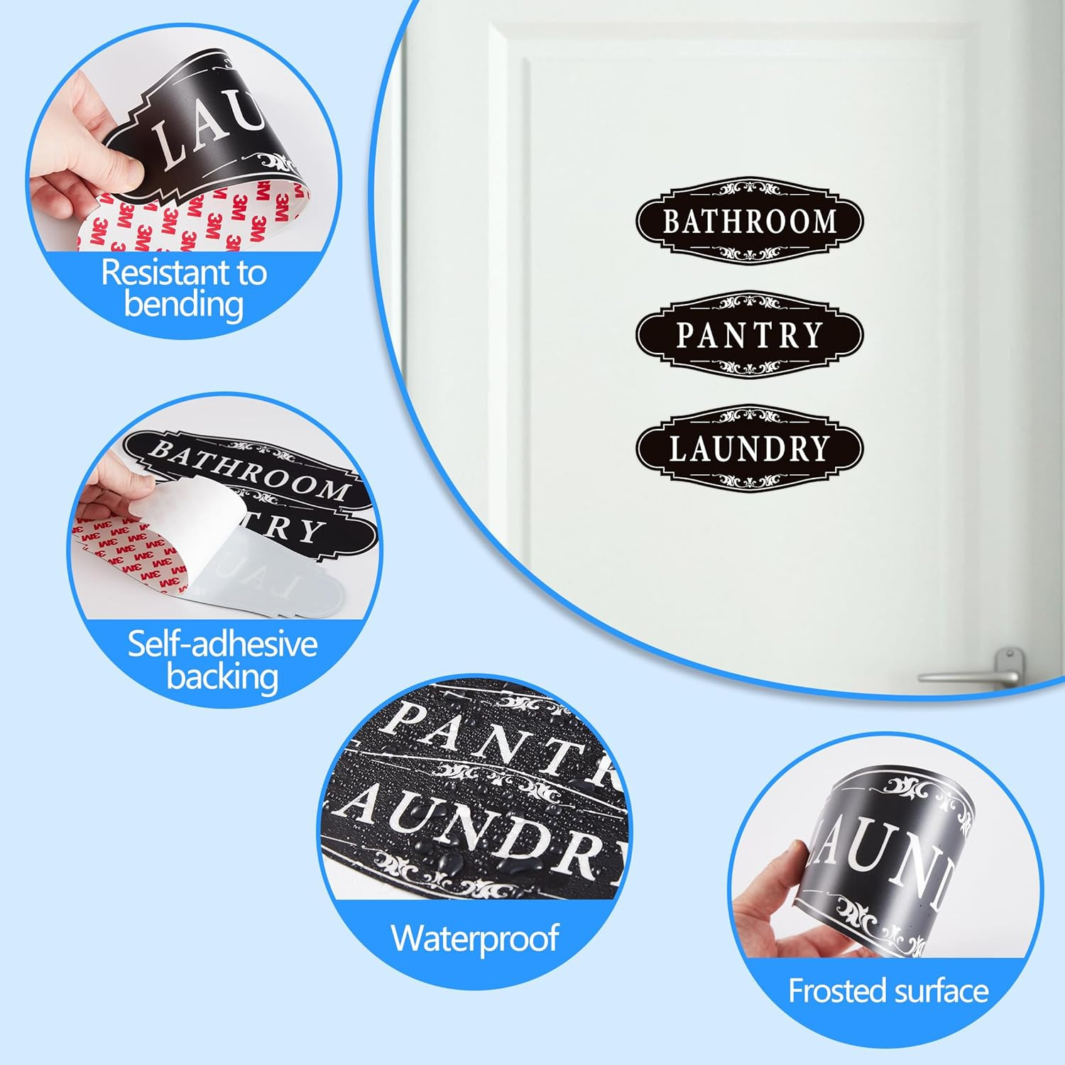 3PCS Bathroom/Laundry Room/Pantry Door Signs Sticker, Self-Adhesive Weatherproof