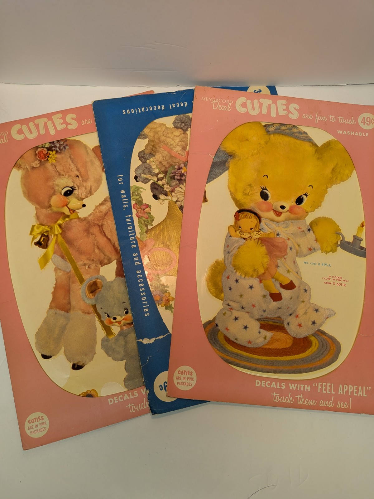 3 Vtg 60's Anthropomorphic Bears & Lamb CUTIES Decals Meyercord Fuzzy Wall Decor