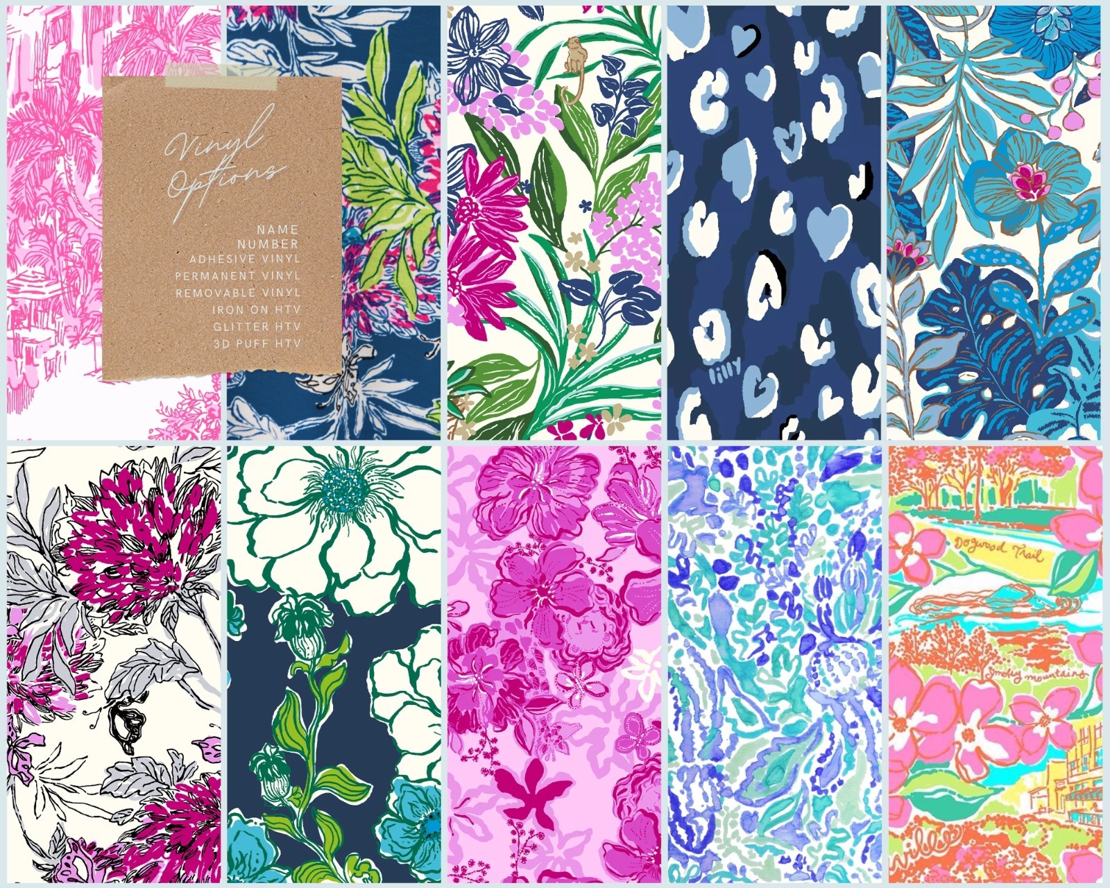 25 Lilly P Premium Vinyl Patterns & Iron on HTV, for Cricut cutting machines