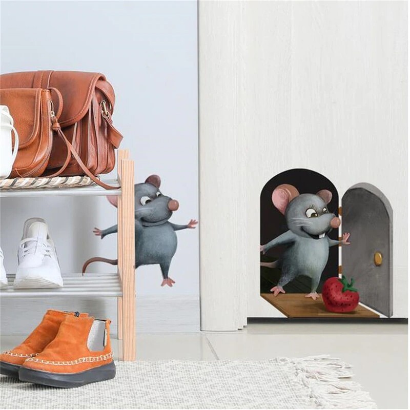 3D Mouse Hole Realistic Wall Sticker Cartoon Decal Fun Art Kids Vinyl Home Decor