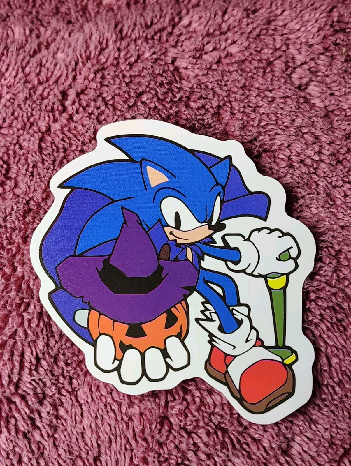 Sonic The Hedgehog Holding Halloween Pumpkin In Witch Hat Decal Sticker, 3.25"