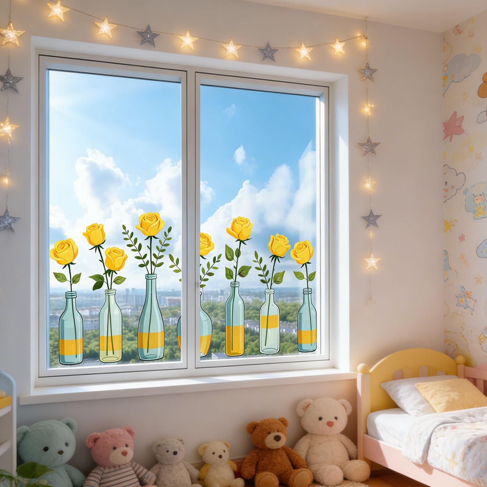 PVC Yellow Rose Window Cling 23.6×11.8in Double-Sided for Indoor Outdoor