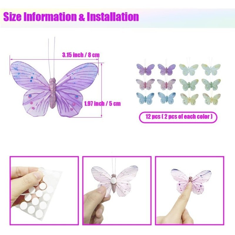 3D Handcrafted Feather Butterflies Decorative Wall Stickers Home Decor Set of 12