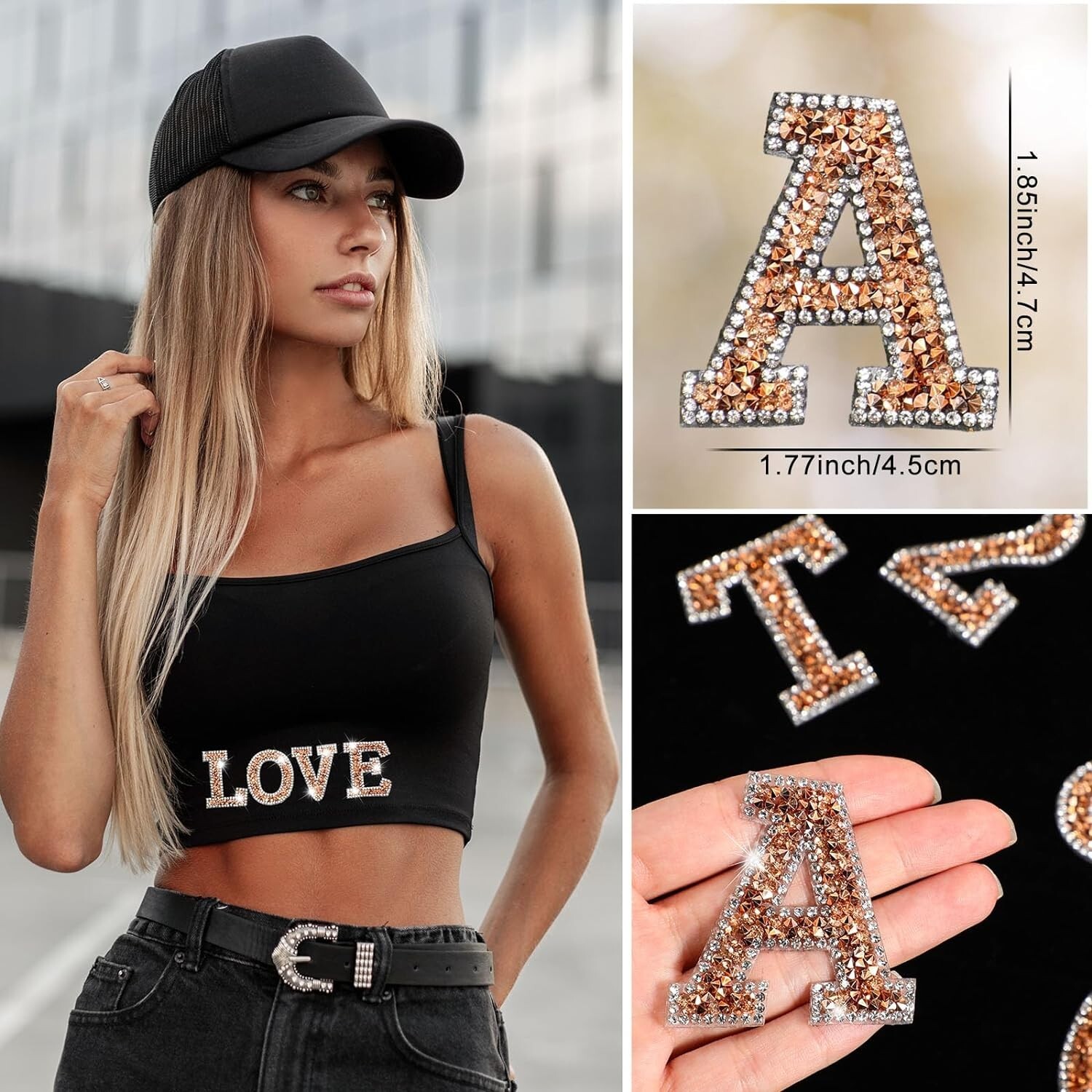 1.97Inch Rose Gold White Rhinestone Letter Number Sticker Phone Laptop Hat