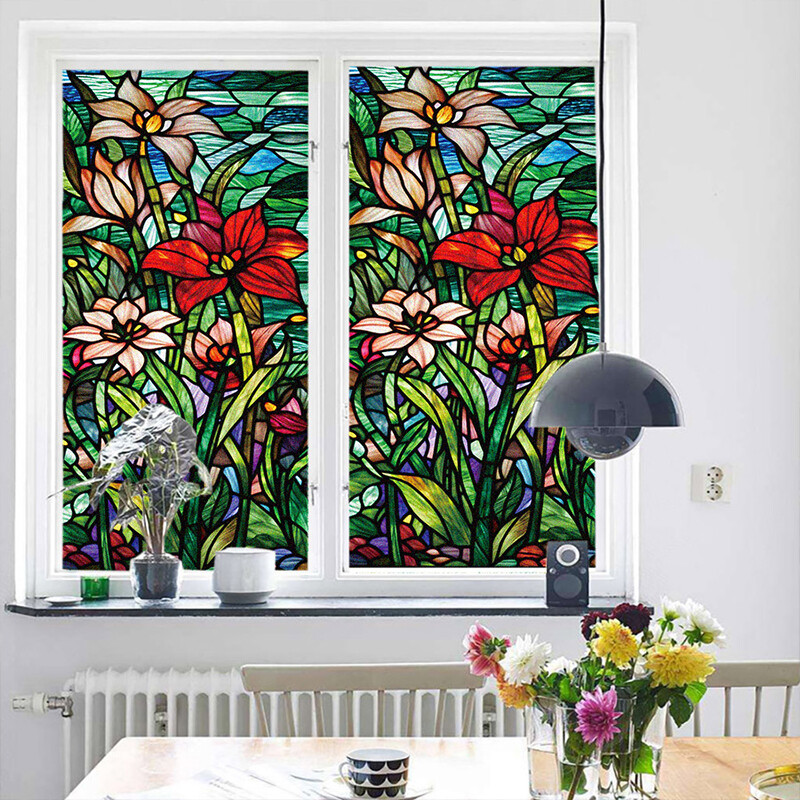 Flower Stained Glass Window Film Privacy Frosted Glass Film Static Cling Sticker