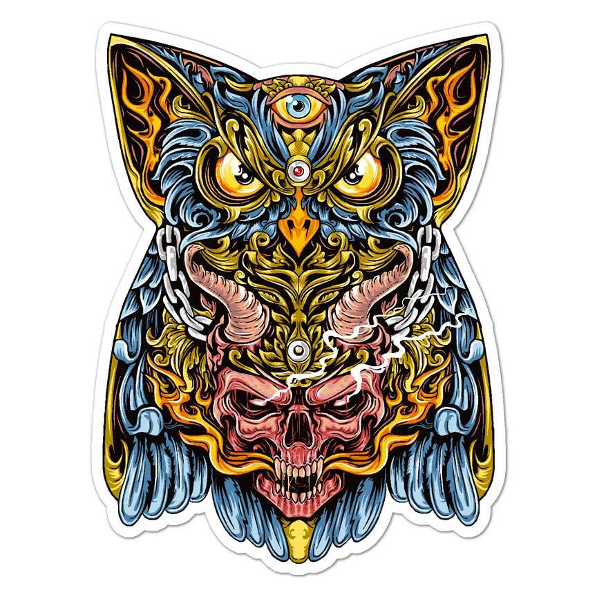Demon Skull Mask Owl, Vinyl Decal Sticker, Indoor Outdoor, 3 Sizes, #7943