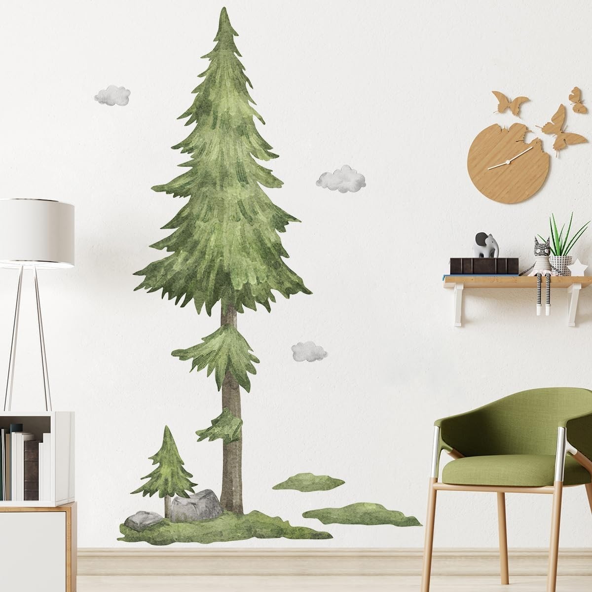 Wall Decals Large Pine Tree Elk Birds Watercolor Woodland Wall Stickers for Kids