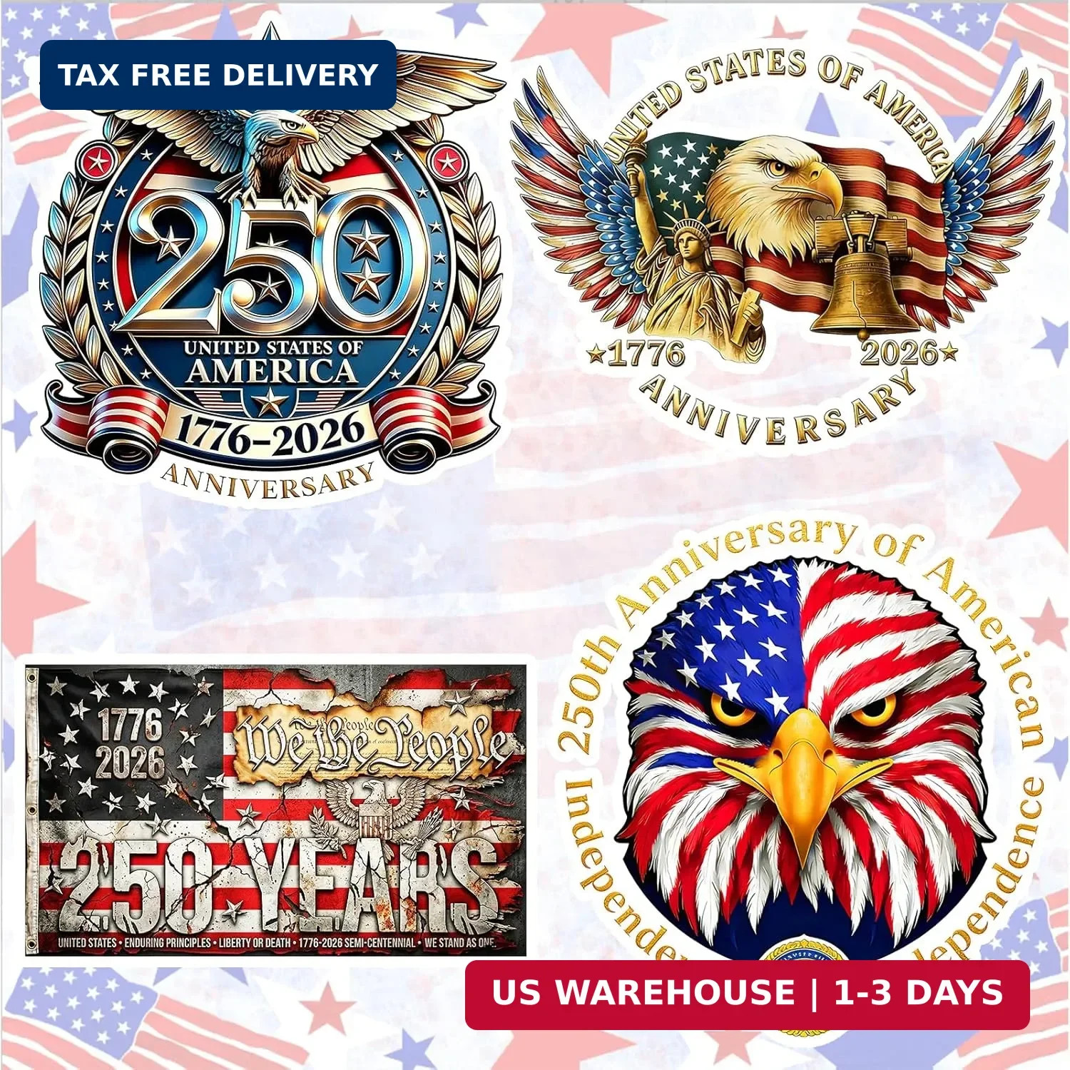 4 pcs 250th Anniversary USA Car Decal Sticker,1776-2026 Patriotic Colorful FAST