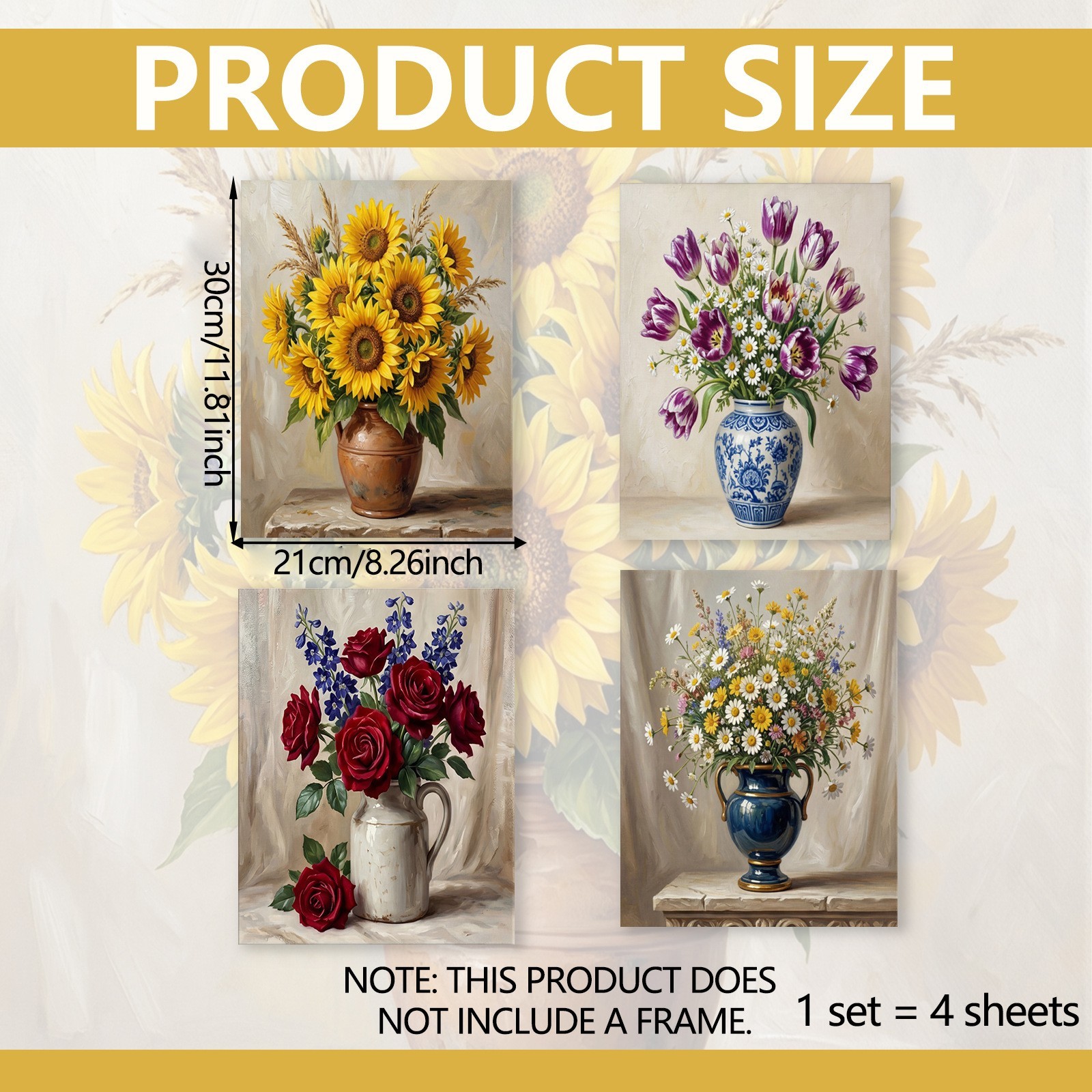 Floral Vase Art Print Set 4pcs Tear for proof Wrinkle for proof 8.26 x 11.81 in