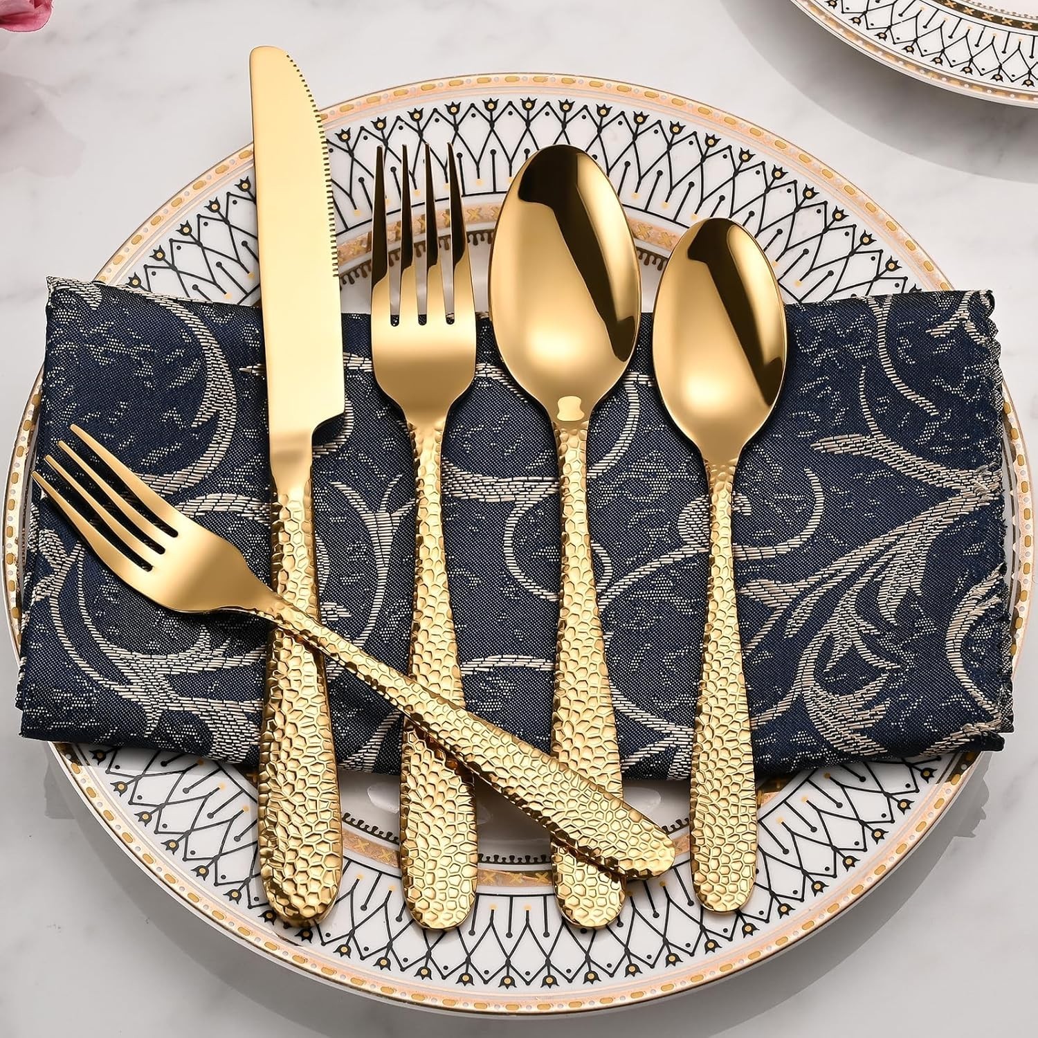 Gold Hammered Silverware Set, 20-Piece Heavy Duty Stainless Steel Flatware Sets