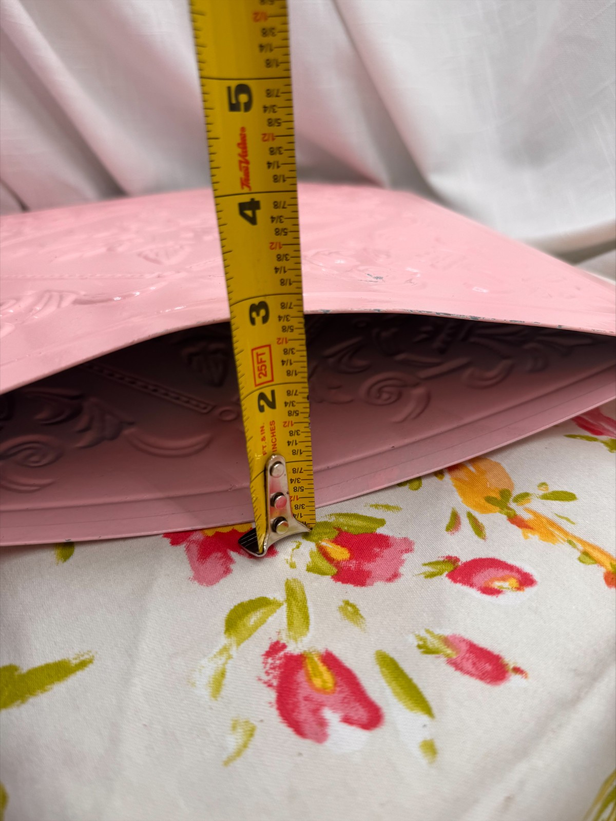 Pink Metal Embossed Floral Tin Tile Wall Pocket Hanging Planter 15" Shabby Chic