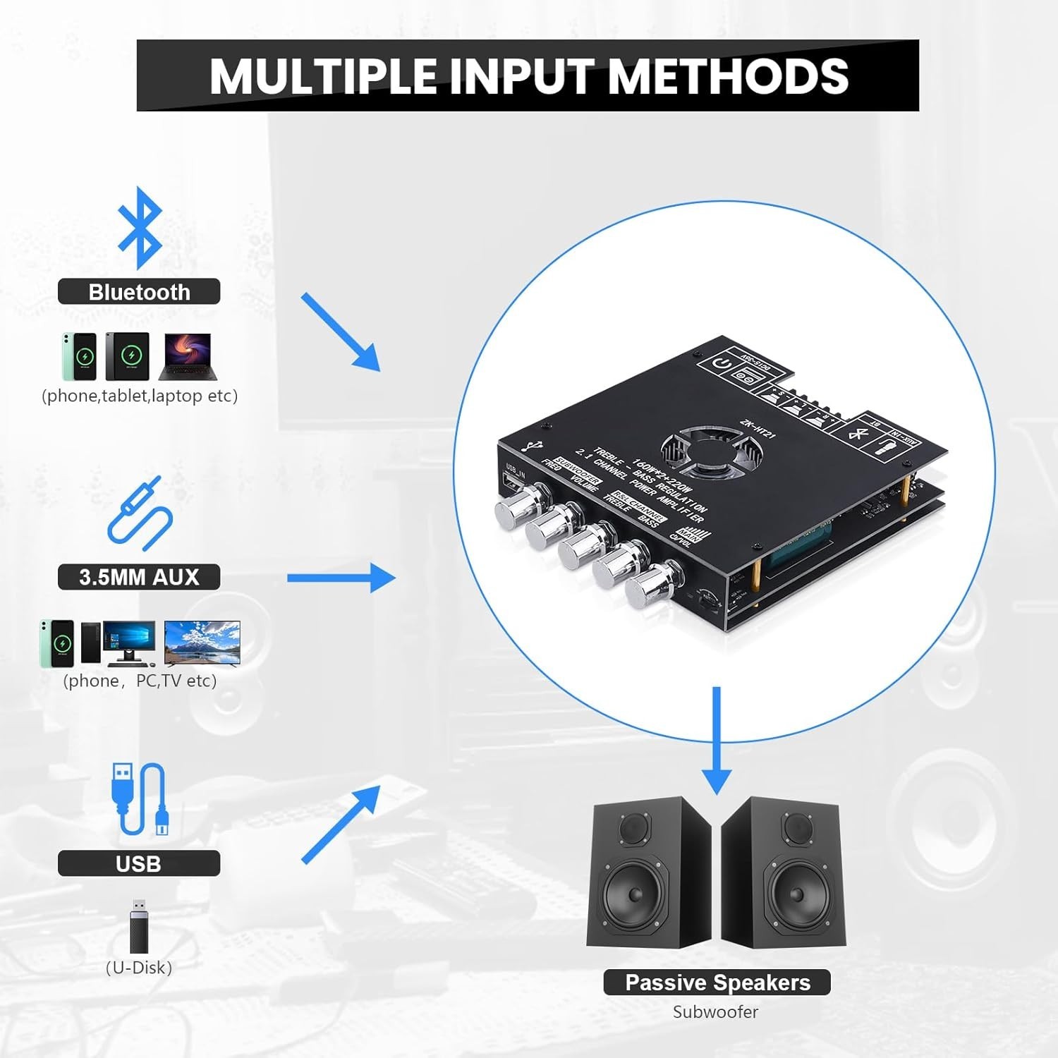 ZK-HT21 Bluetooth Amplifier Board 160W×2+220W Subwoofer 2.1 Channel Audio Amplif