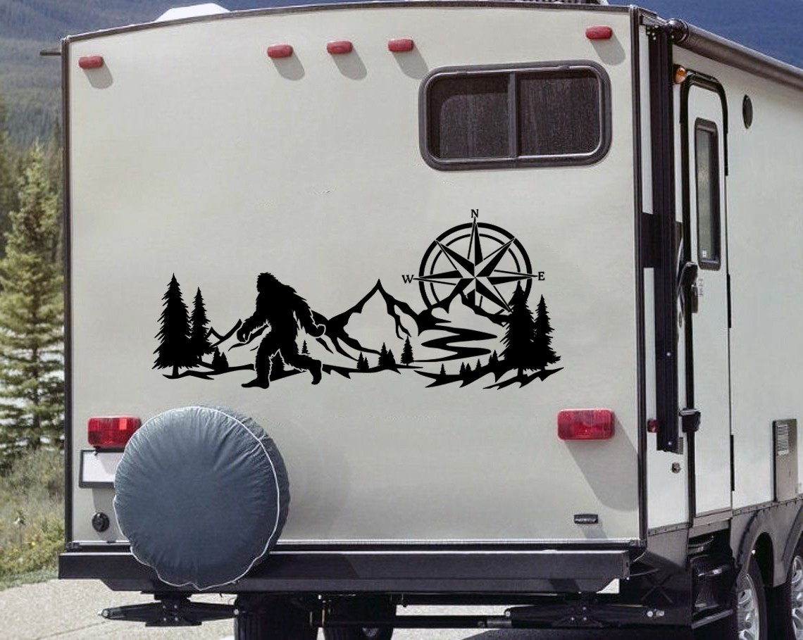 Mountains Compass Bigfoot V2 Vinyl Decal Sticker Sasquatch Hiking Camping RV Car