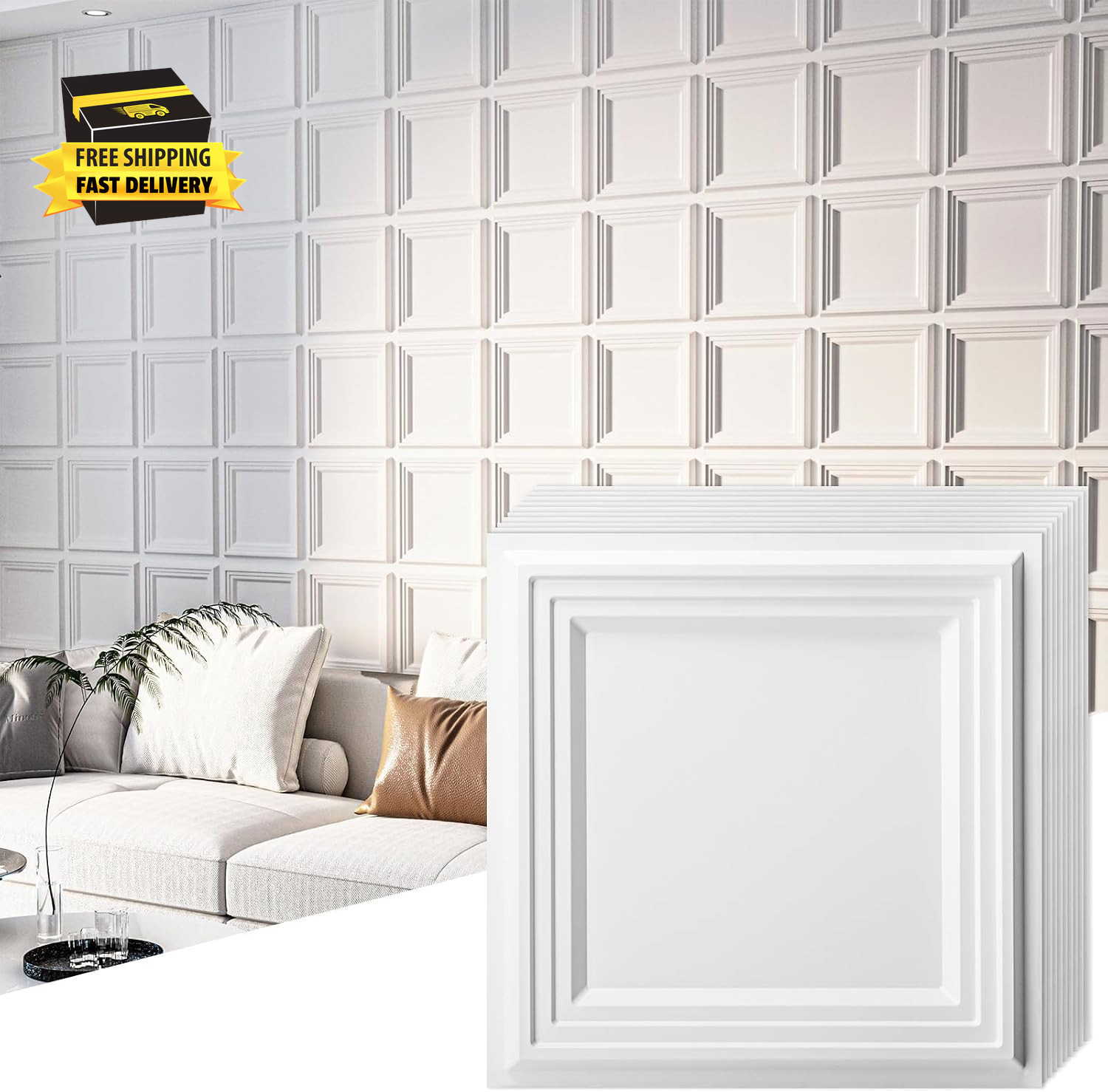 33-Pack Accent 3D Textured Wall Panels, 11.8 X 11.8 In, White | Wipe Clean, PVC,