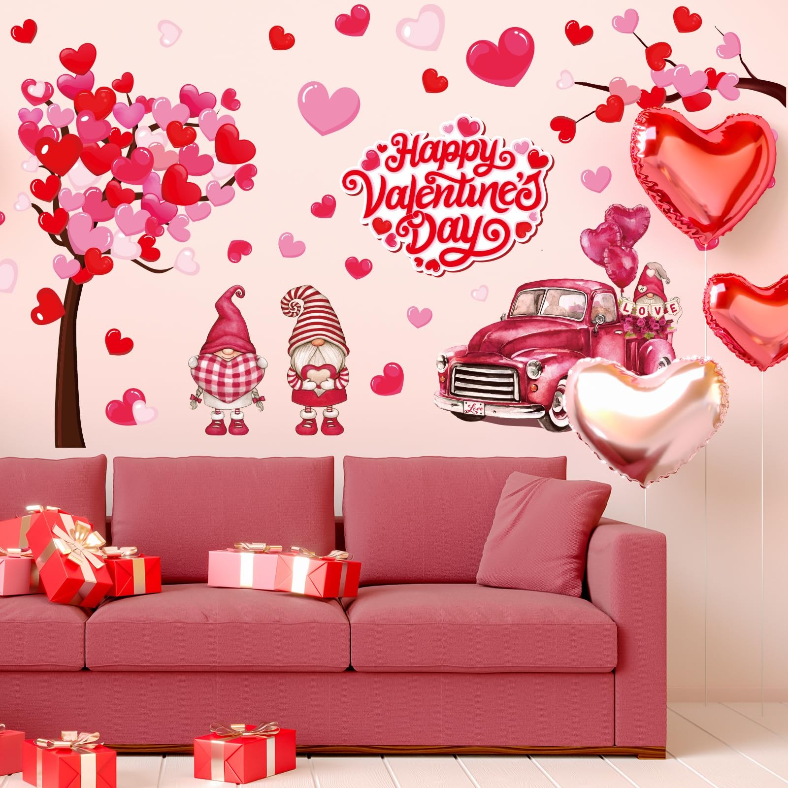 35.4 x 11.8 Inch Valentine's Day Heart Tree Wall Stickers Pink Red Gnome Truck L