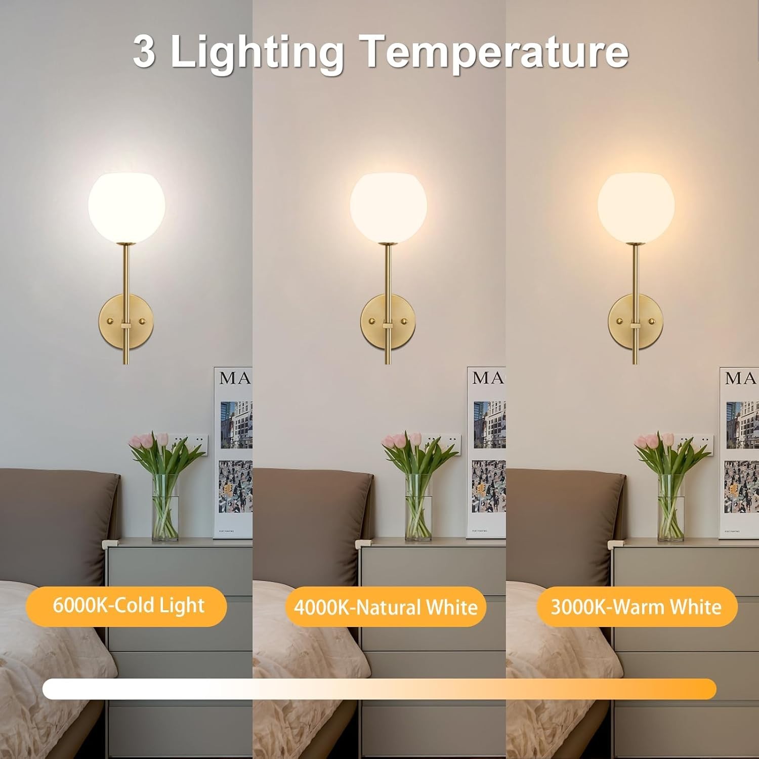 Gold Battery Operated Wall Sconces Set of 2, Rechargeable Wireless Wall Light…