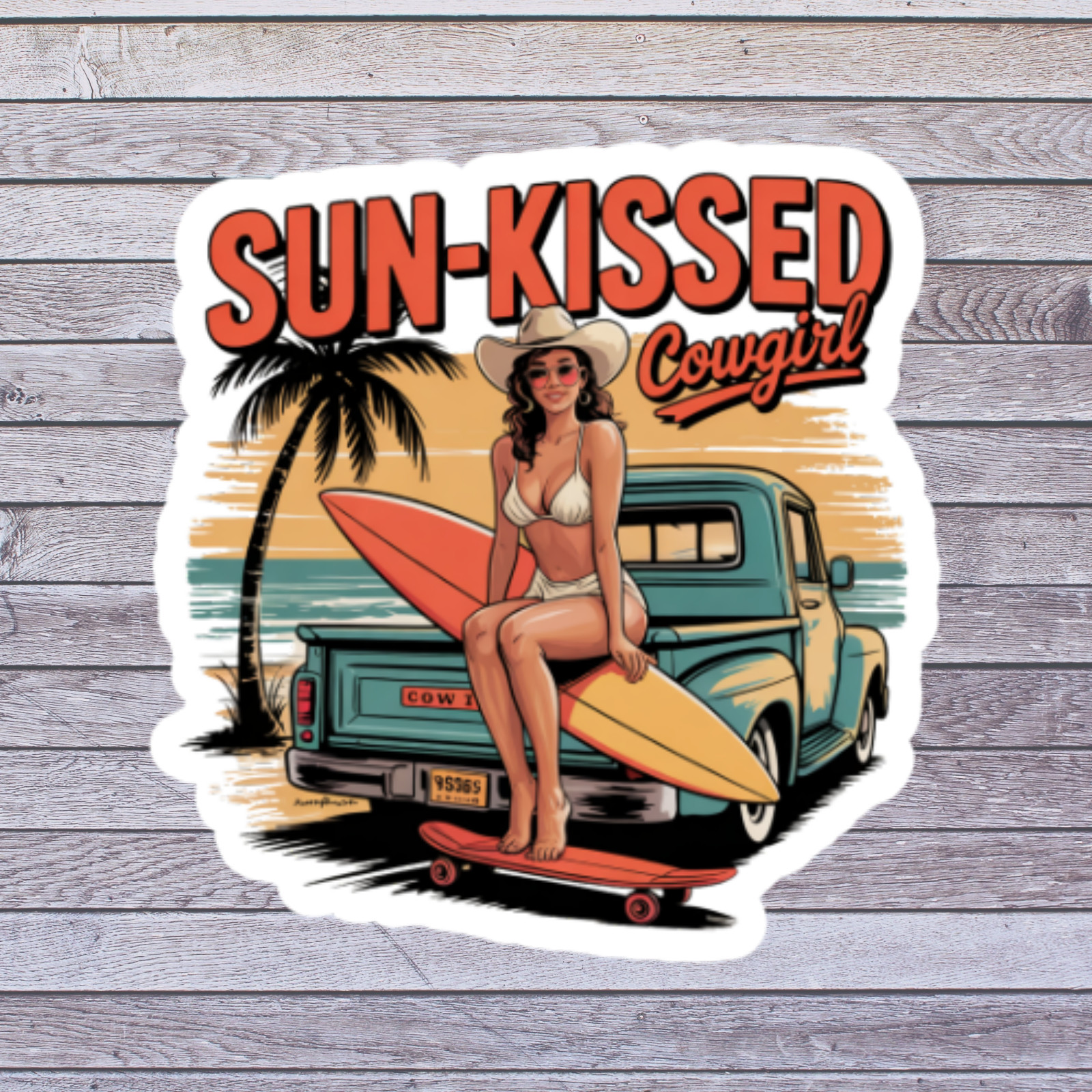 Cowgirl sticker vinyl decal sun kissed cowgirl bikini surfboard truck beach