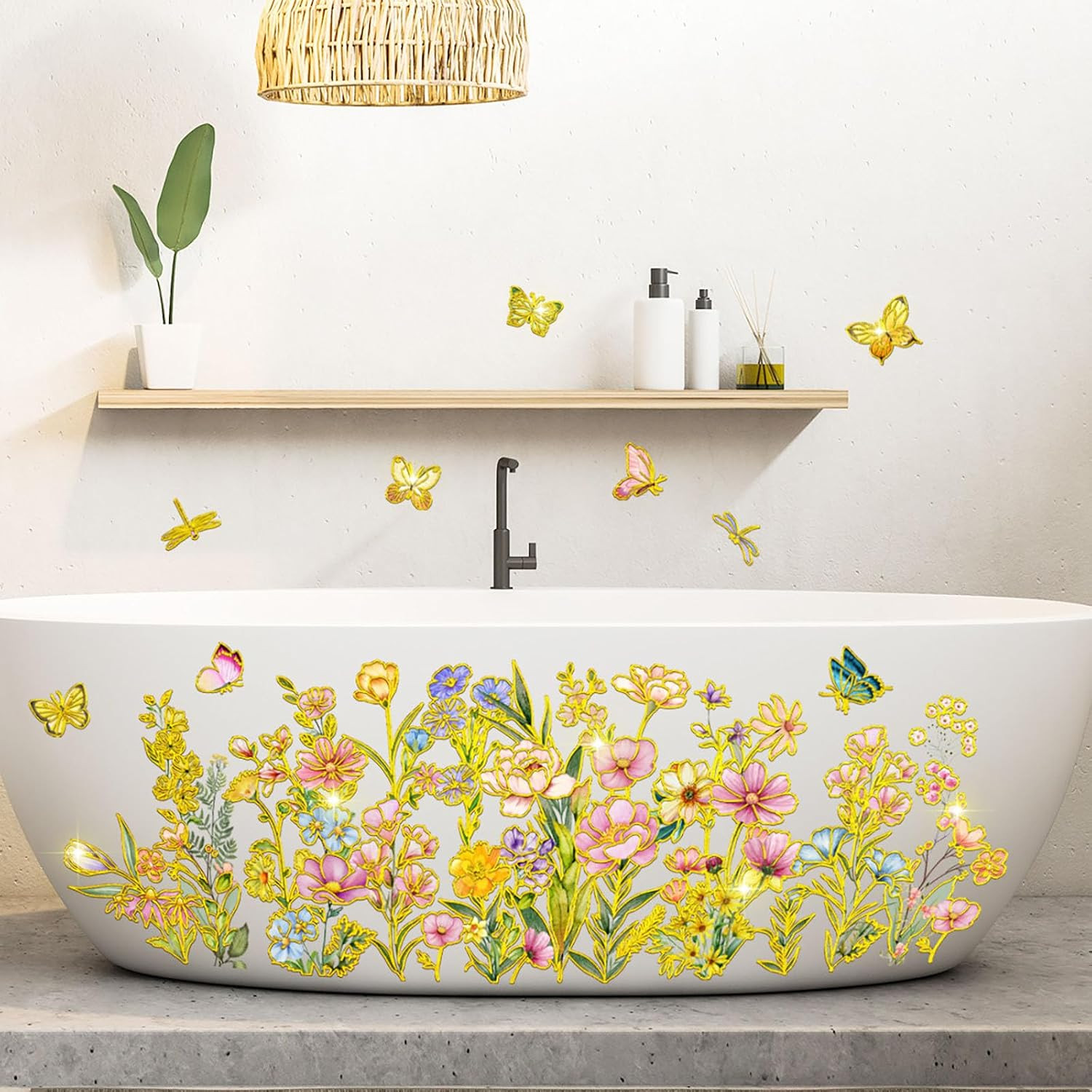Gold Flower Wall Decals Blue Pink Floral Wall Sticker Creative Lotus Peel and St