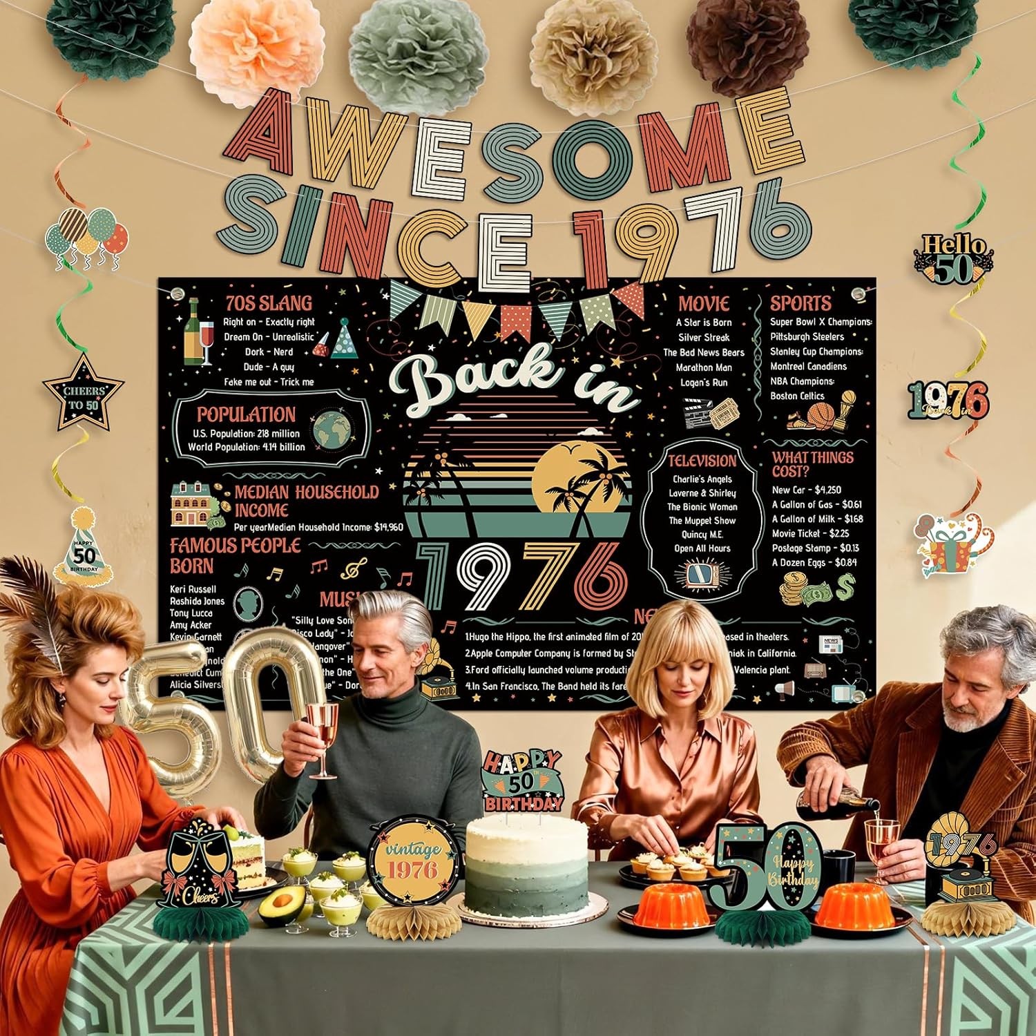 50Th Birthday Decorations Men Women, Colorful Vintage Back in 1976 Poster Cheers