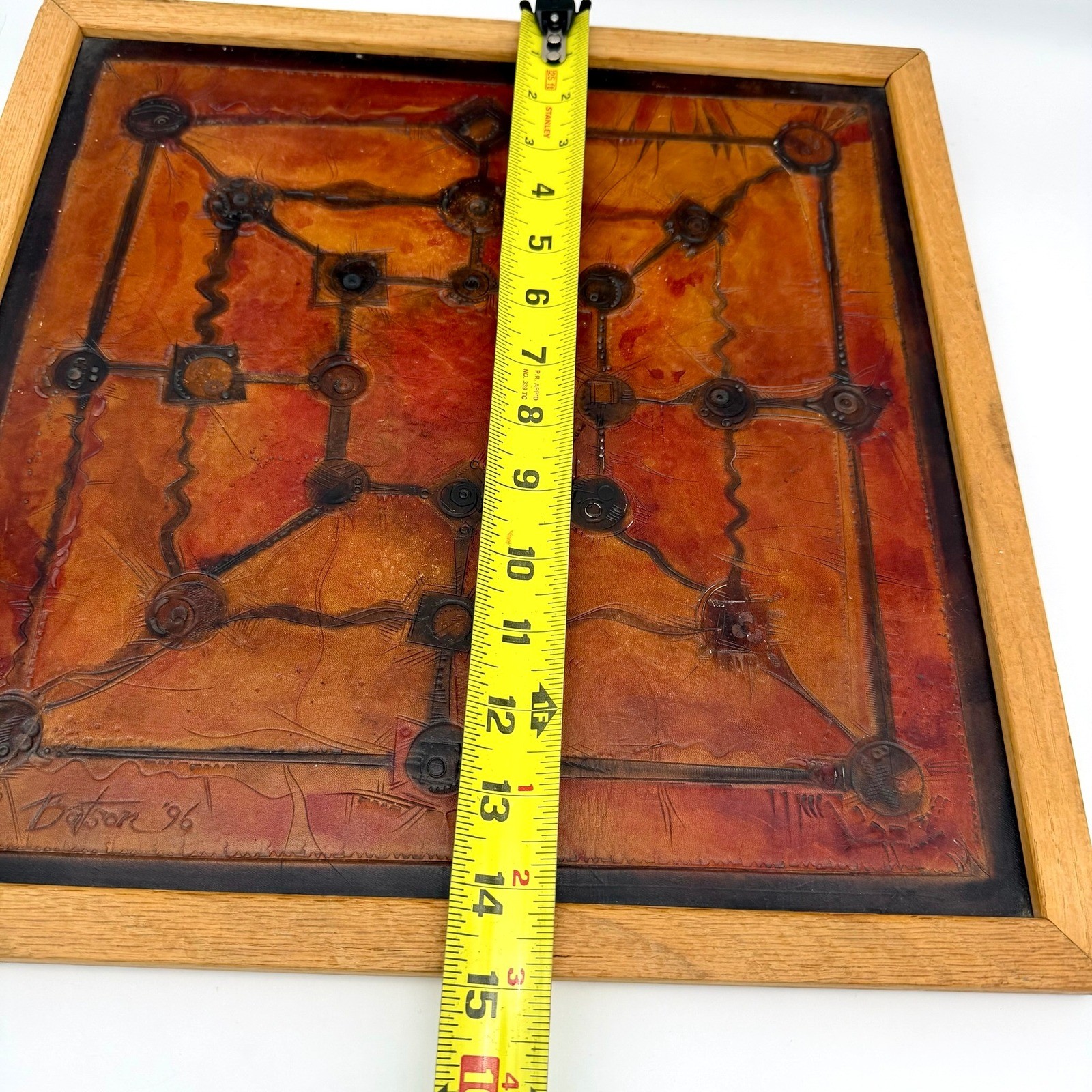 Vintage Tooled Leather Abstract Geometric Brutalist Wall Art Signed 96