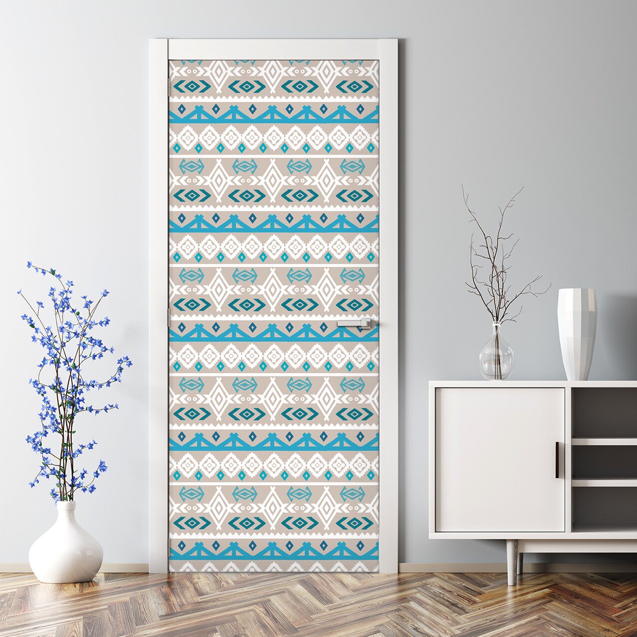 Tribal art Bubble Free Door sticker blue and white Decal Decor temporary