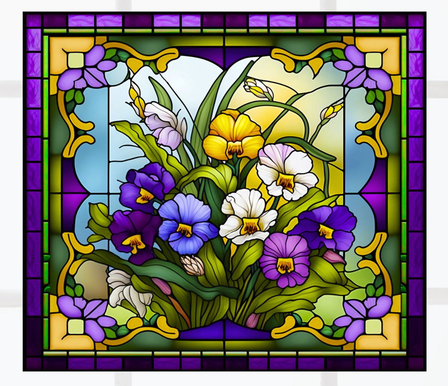 Pansies Faux Stained-Glass WINDOW CLING Size 9" Vinyl