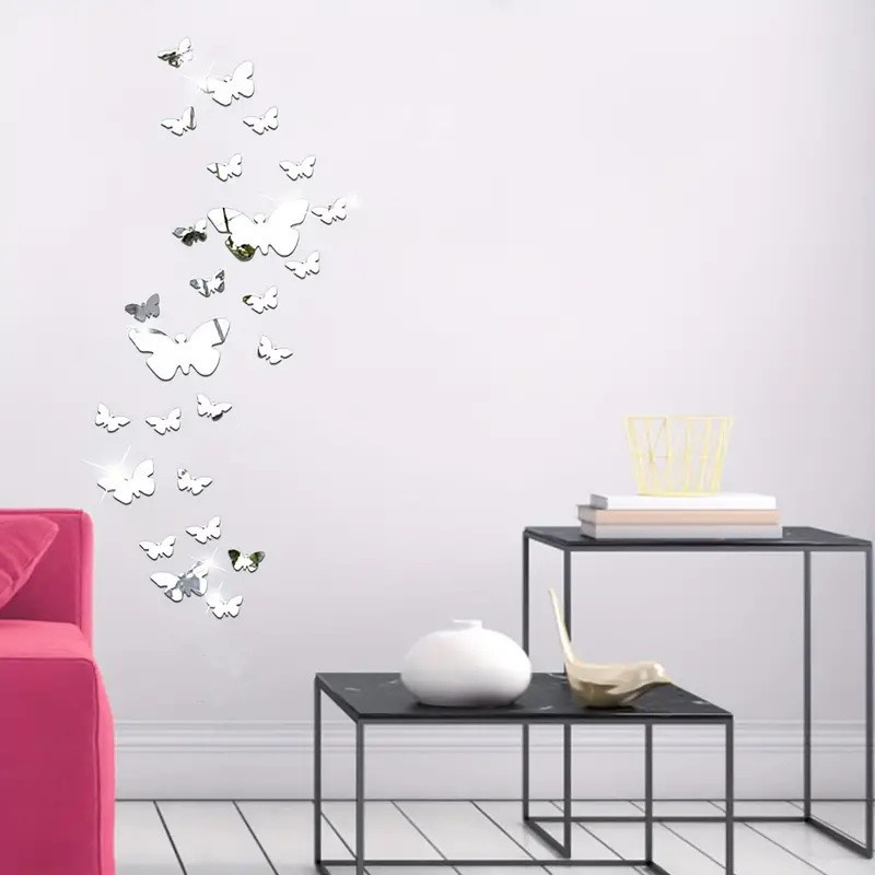 60Pcs Mirror Butterfly Wall Decor Set Self Adhesive Removable Home Art Decals