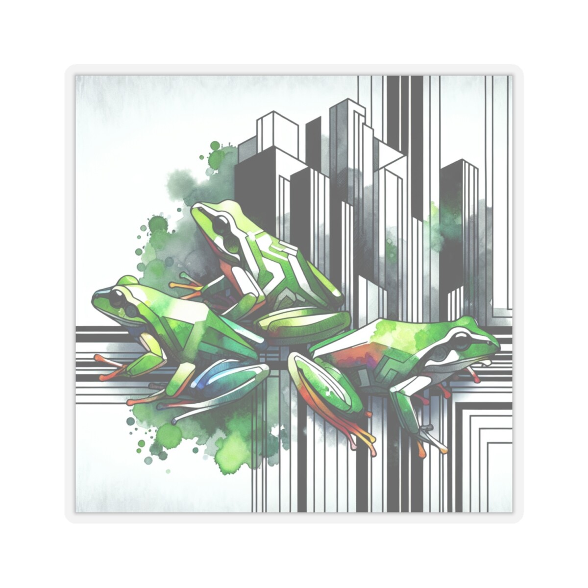 Sticker Art Deco Vibrant Watercolor Frogs Retro Vintage Style 2×2" 3×3" 4×4" 6×6