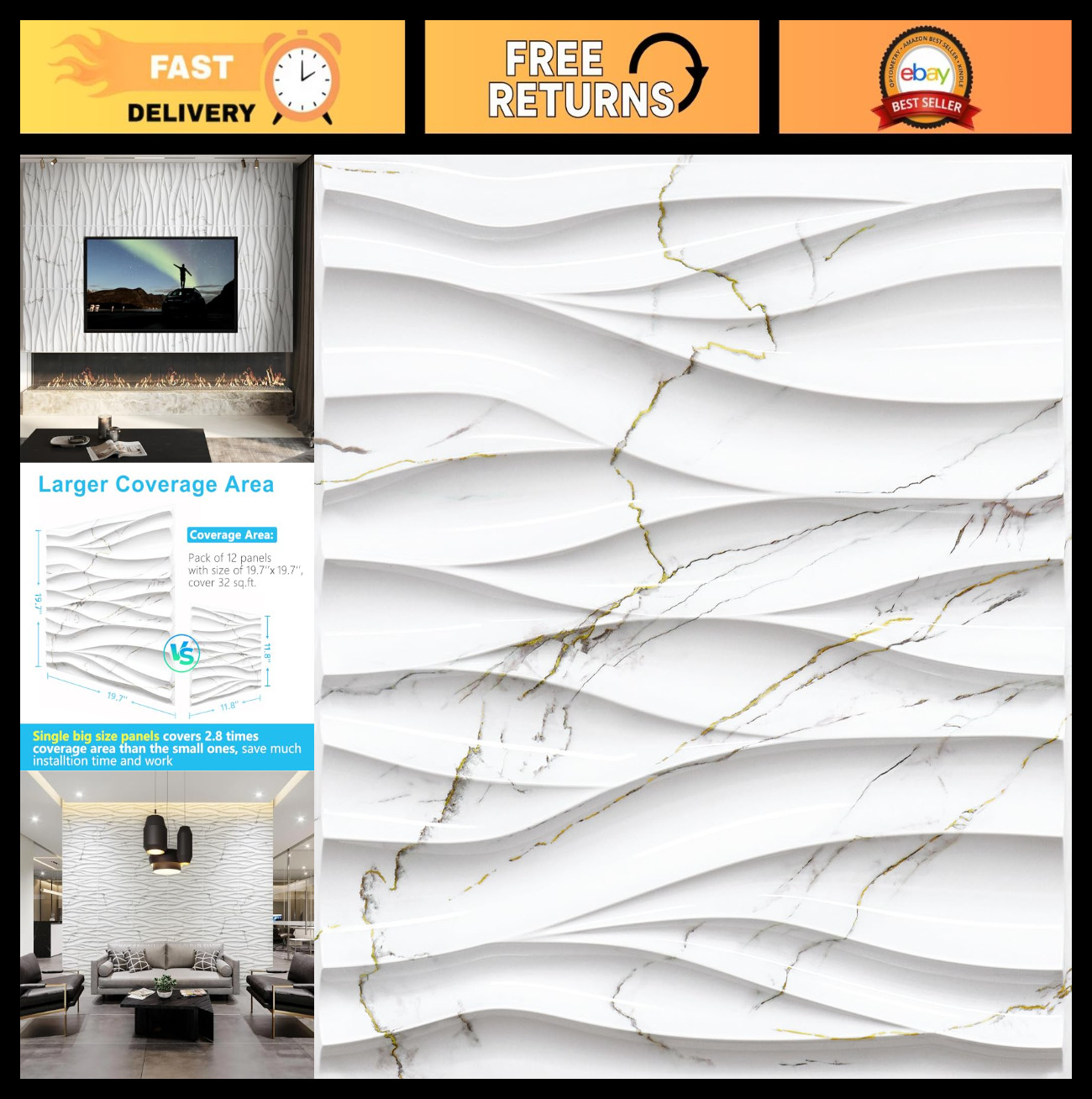 3D White Marble & Gold Thread Wave Wall Panels – Decorative PVC Accent for Livin