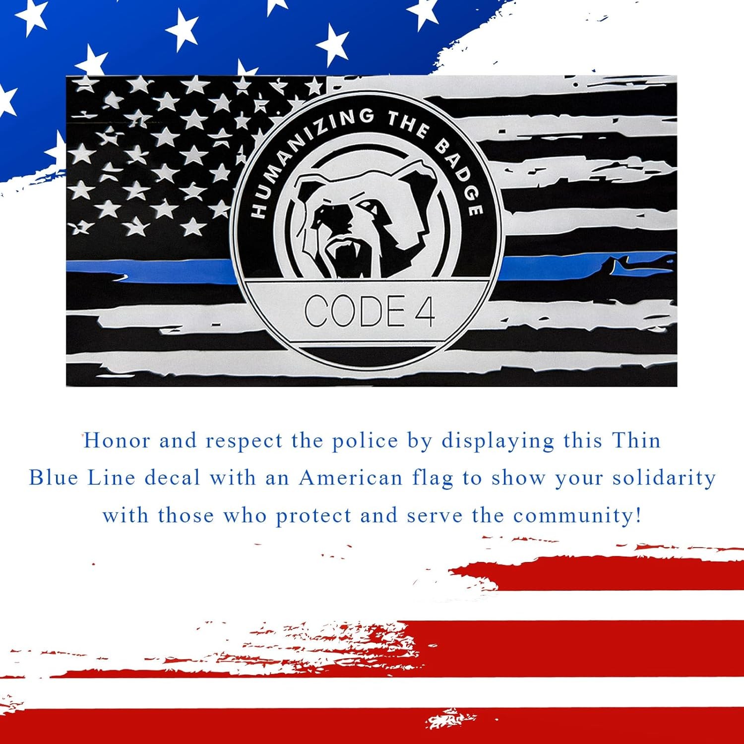 2PCS Thin Blue Line Sticker Code 4, Police Support Sticker American Flag Thin Li