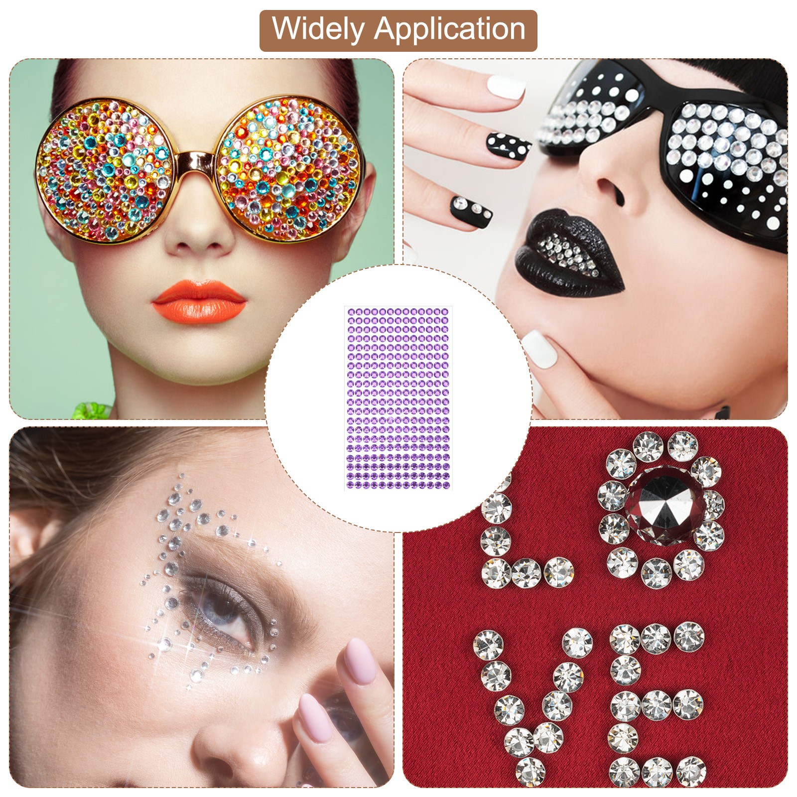 1394Pcs 4mm/6mm Self-Adhesive Rhinestone Stickers 4 Sheet Light Purple