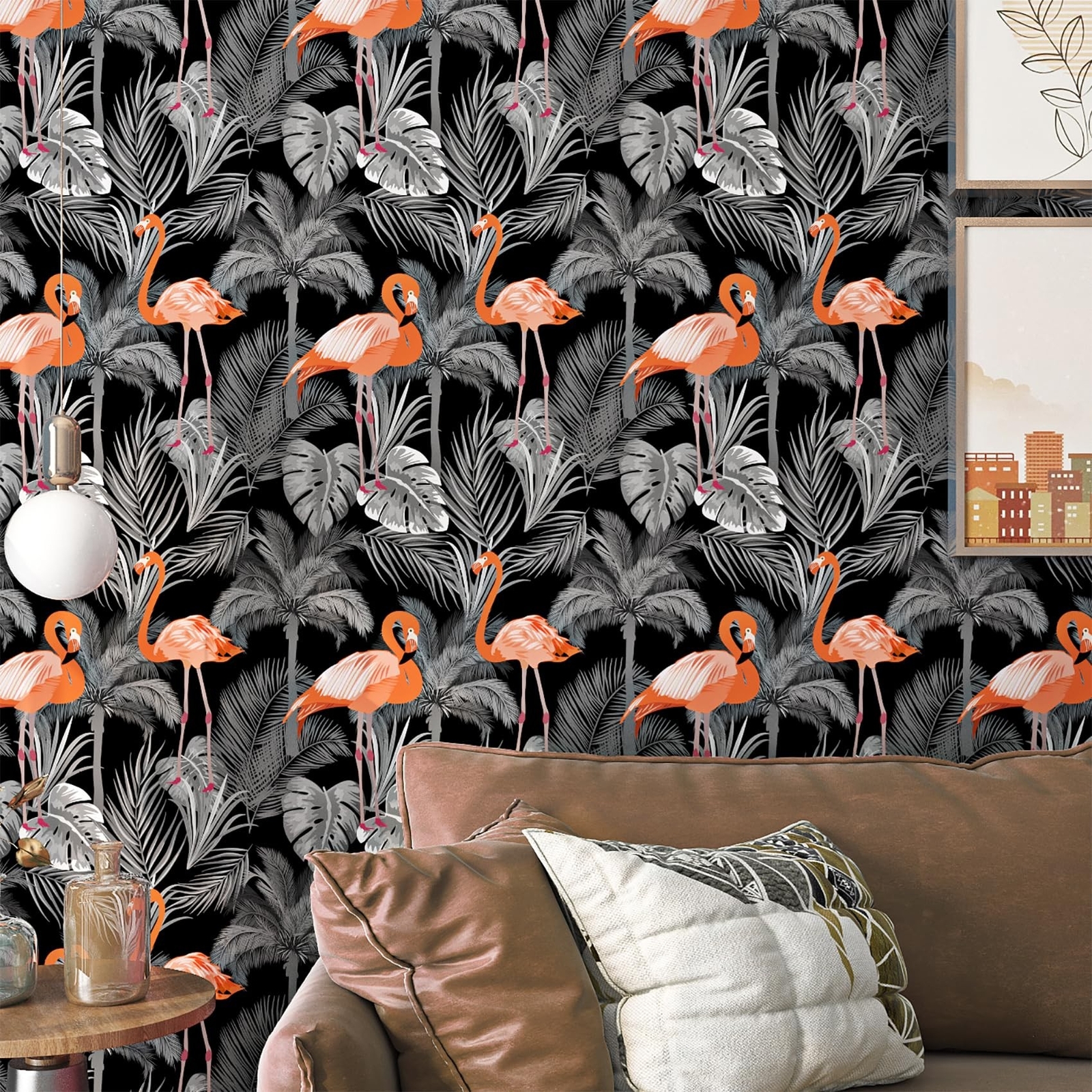17.5in×23ft Peel and Stick Wallpaper Tropical Dark Grey Leaf Orange Flaming