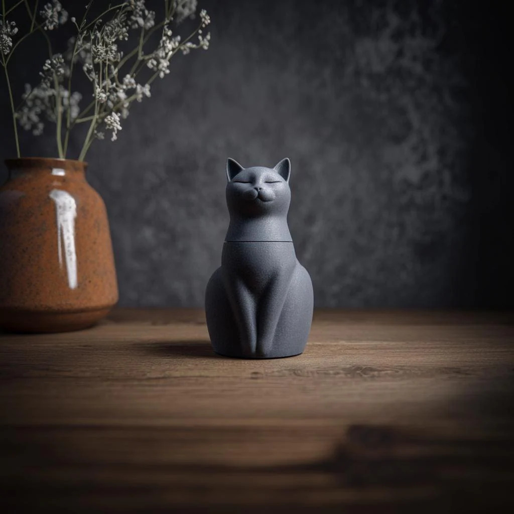 Cat Pet Ashes Urn | 3D Printed Minimal Memorial Keepsake with Serene Cat