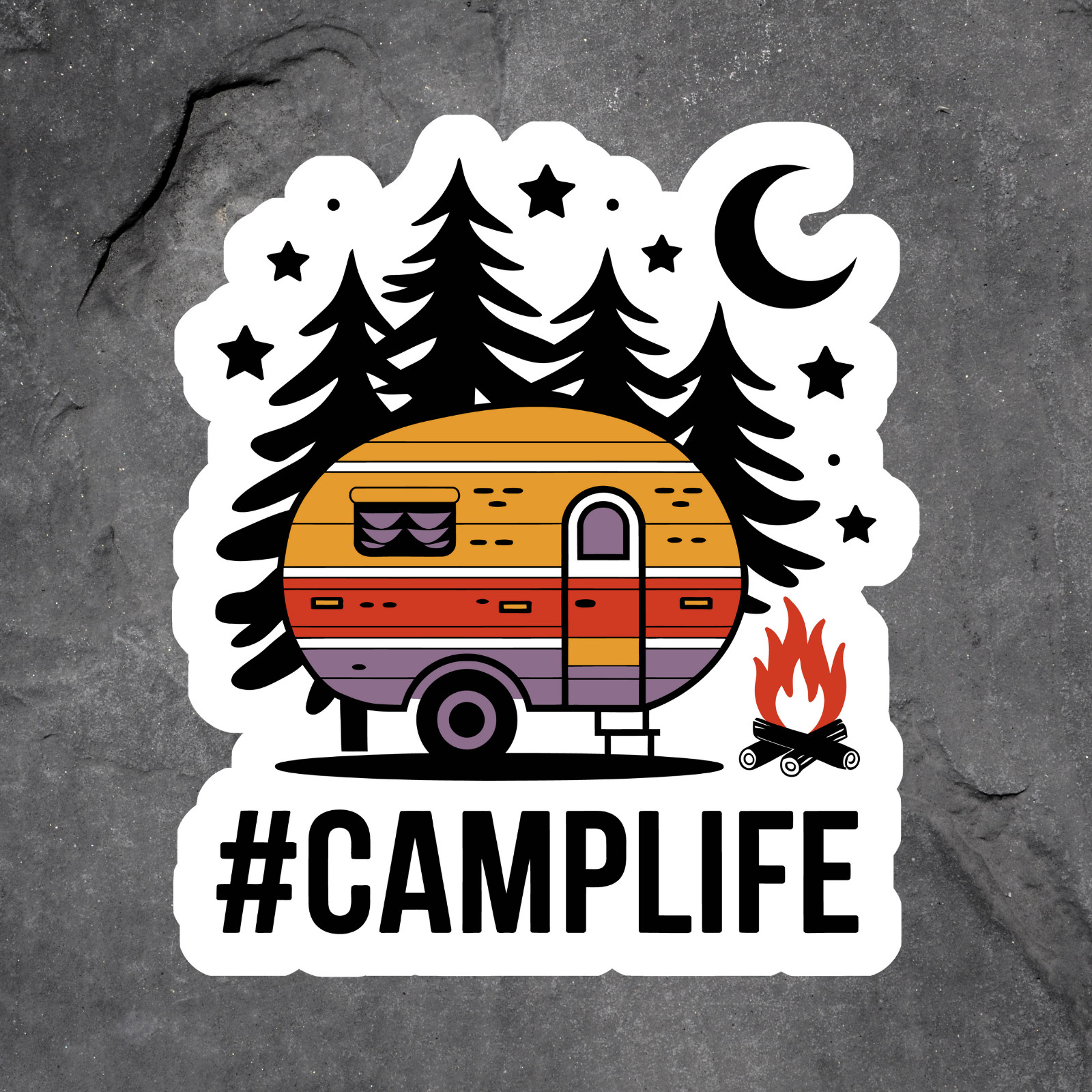 Camping sticker vinyl decal camp life retro camper fire trees