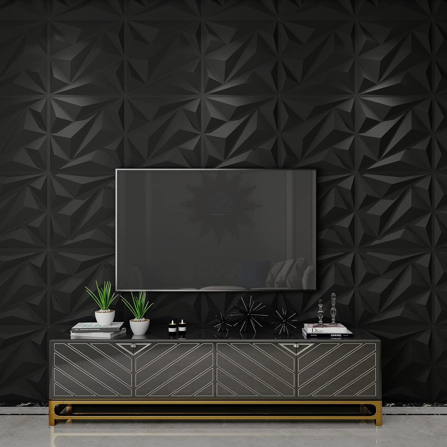 33 Luxury Diamond Wall Panels – Versatile PVC – Black – 12"x12" – 32.Sq.Ft.