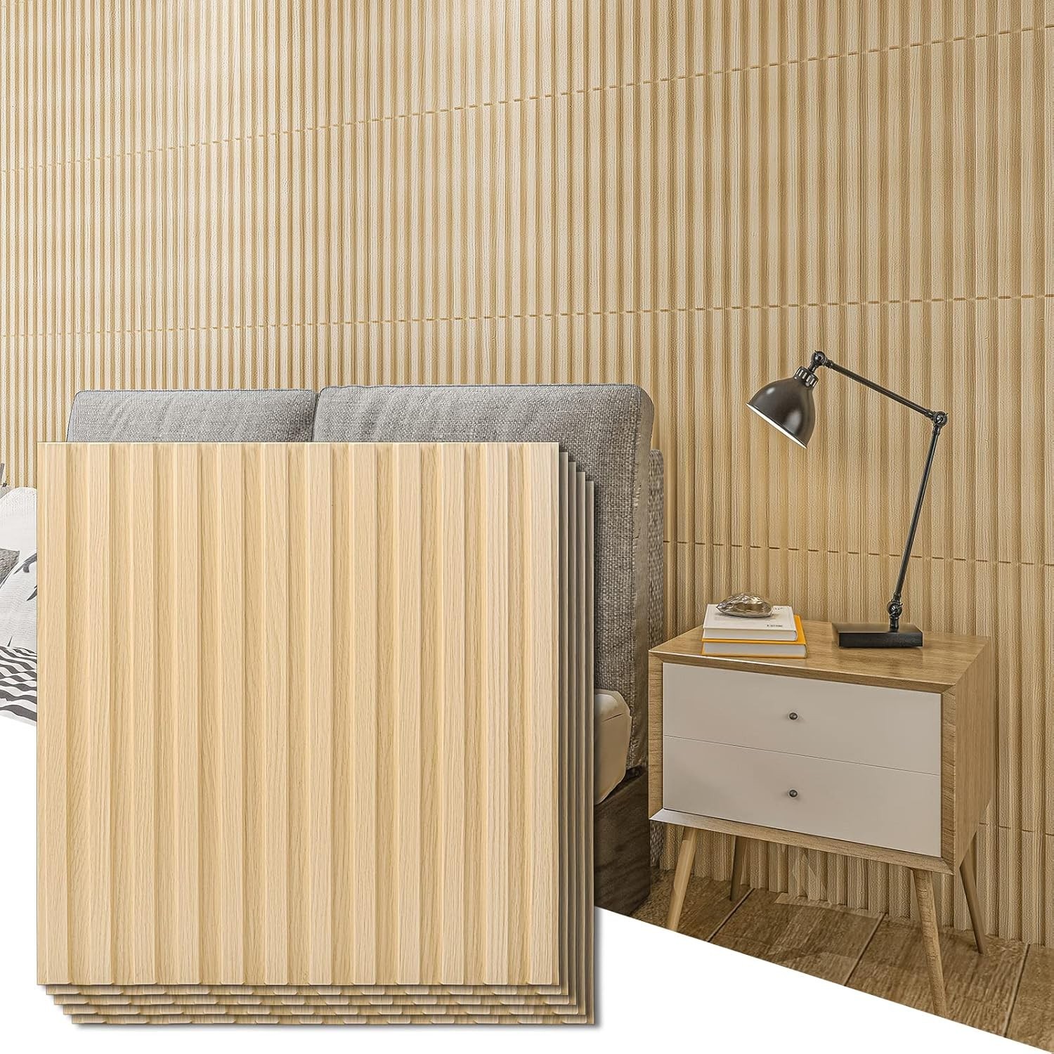 12-Pack 3D Fluted PVC Wall Panels, 19.7×19.7in – Modern Oak Design for Any Room