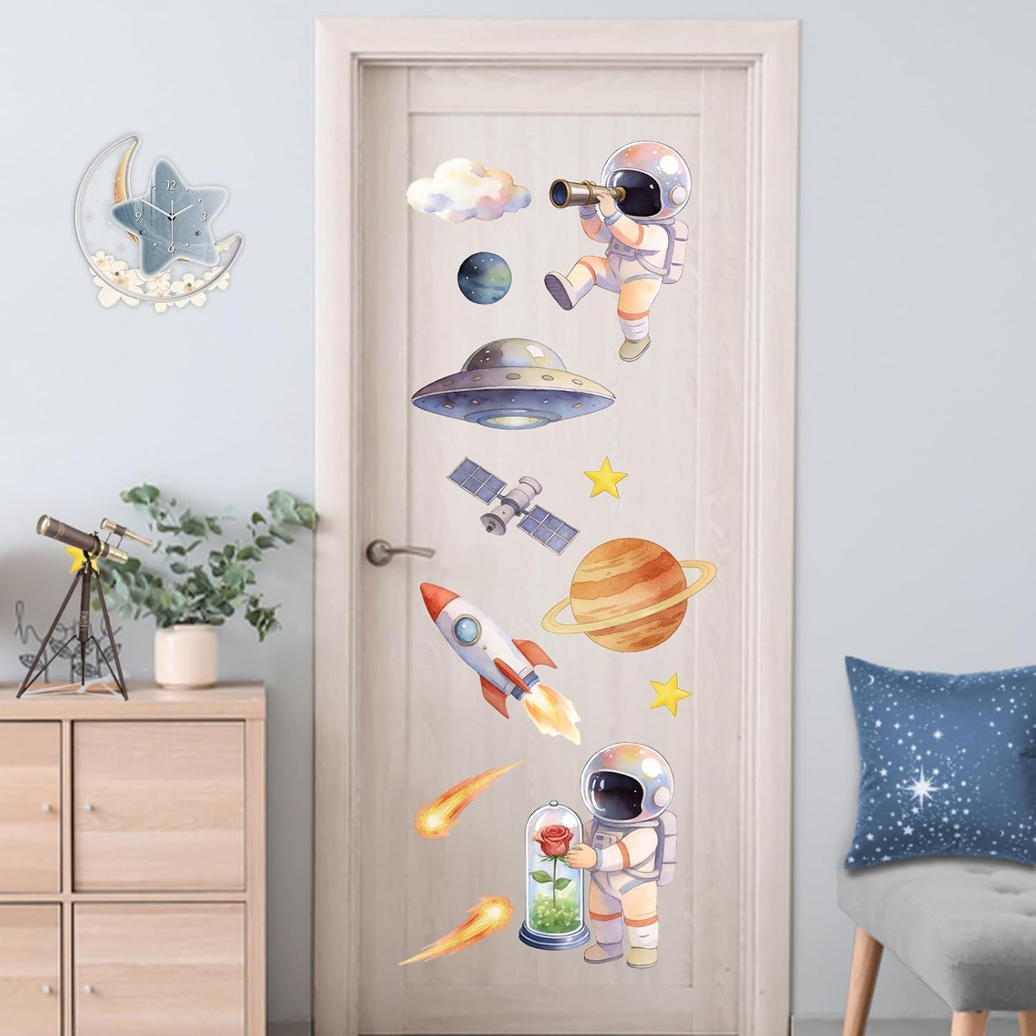 Watercolor Outer Space Astronaut Wall Decals Stickers, Galaxy | Planets Rocket S