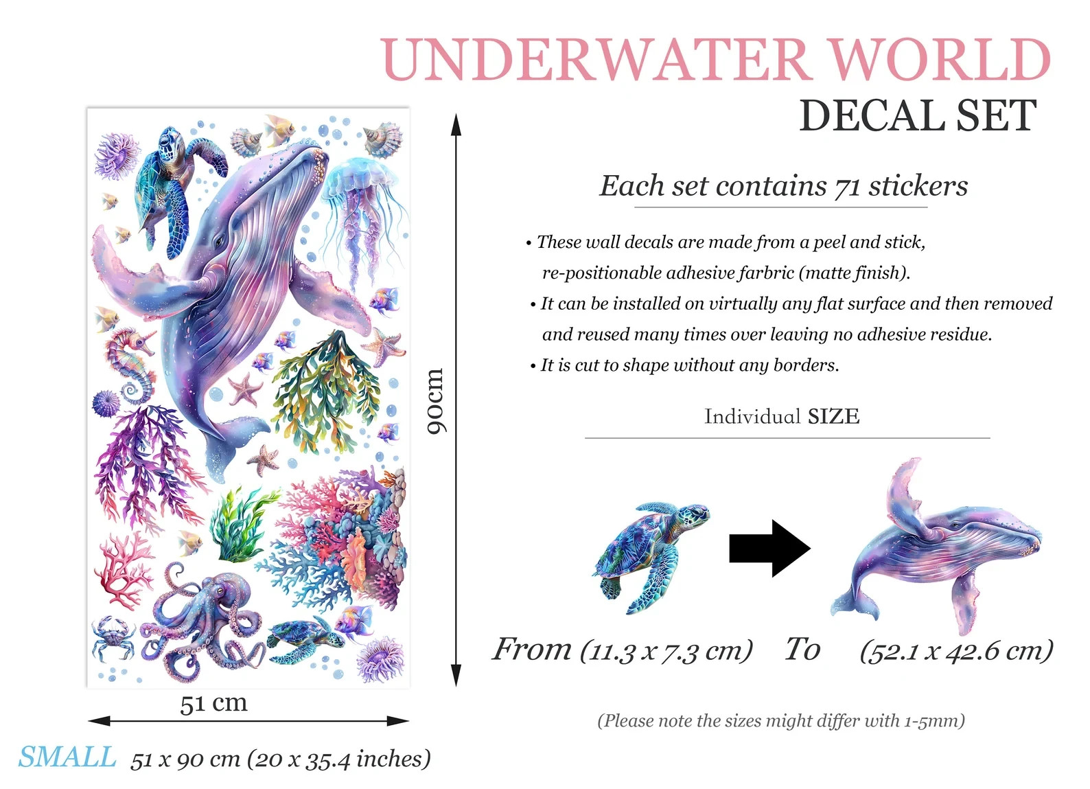 Underwater World Animal Decal with Whale,Octopus, Sea Turtle Wall Decal-BR475