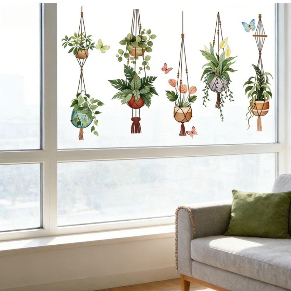 Window Stickers with Spring Potted Plant Design for Home Wall Decoration Green