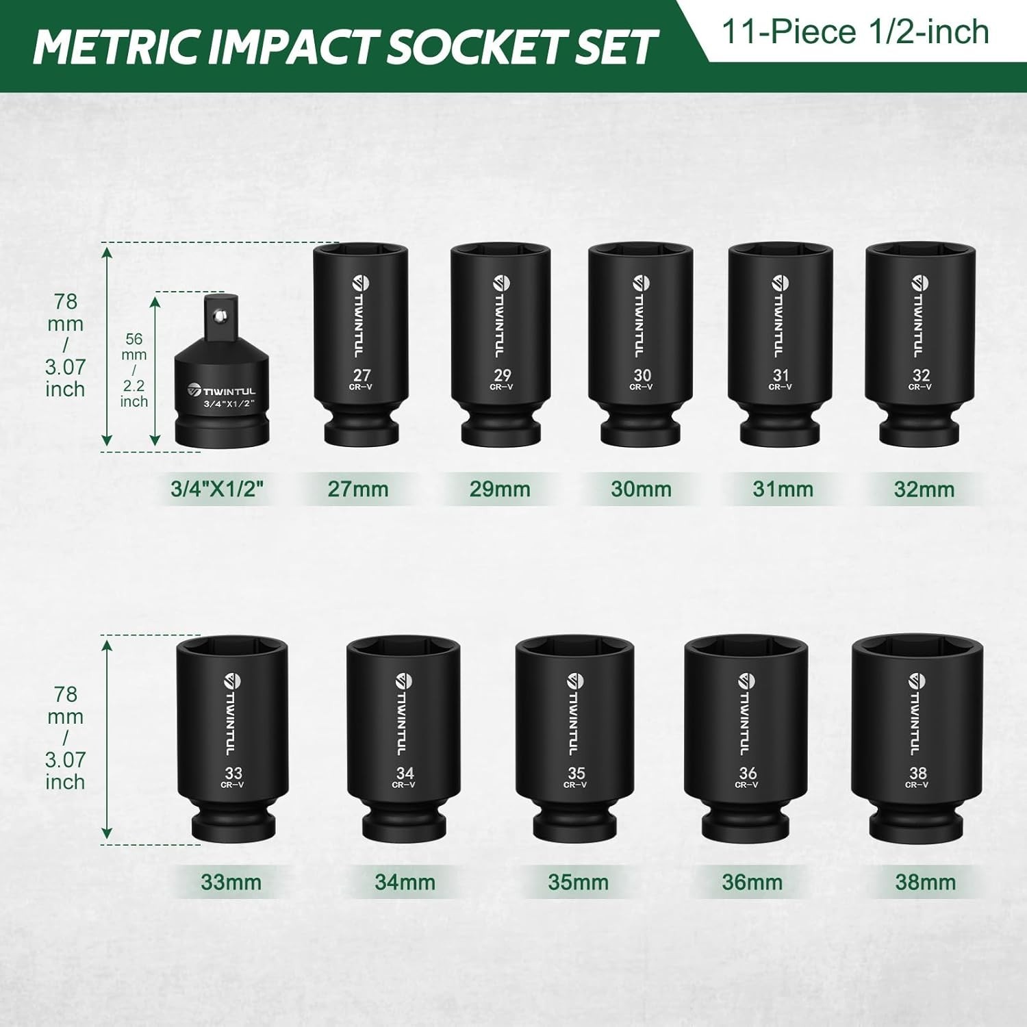 11-Piece Axle Nut Socket Set, Metric 1/2 Impact Socket 27Mm-38Mm, CR-MO 3/4"-1/2