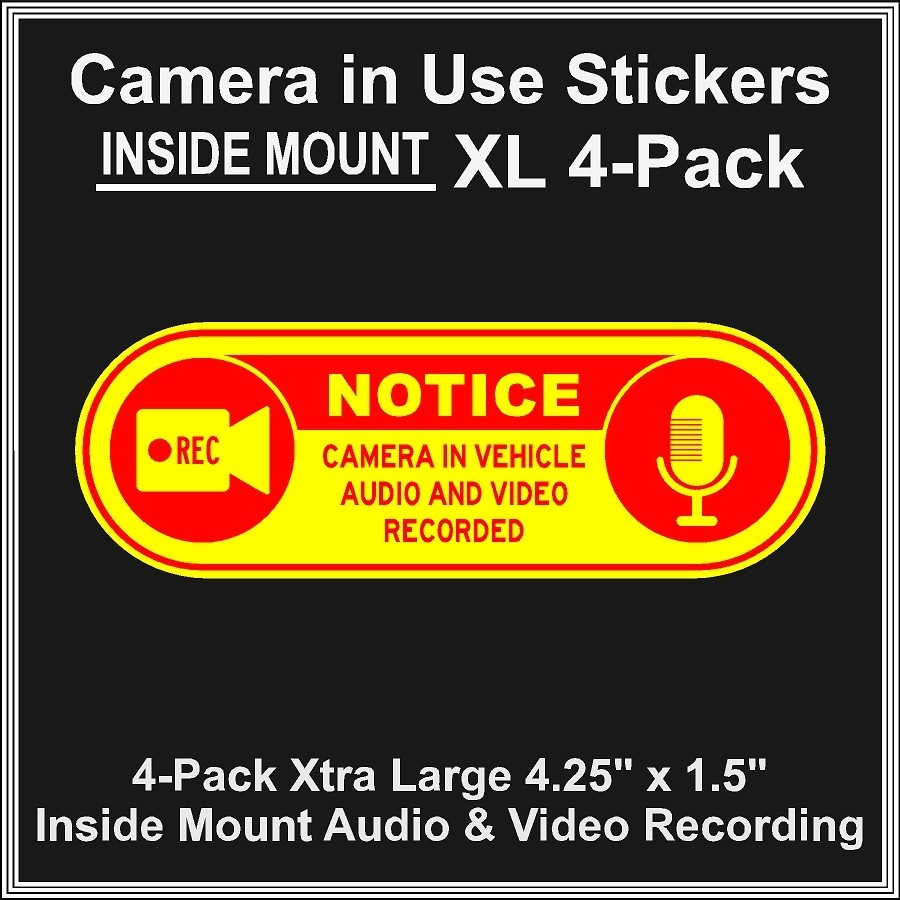 Camera in Car Recording Video XL 4-Pack INSIDE MOUNT Decals Yellow Red 4.25×1.5