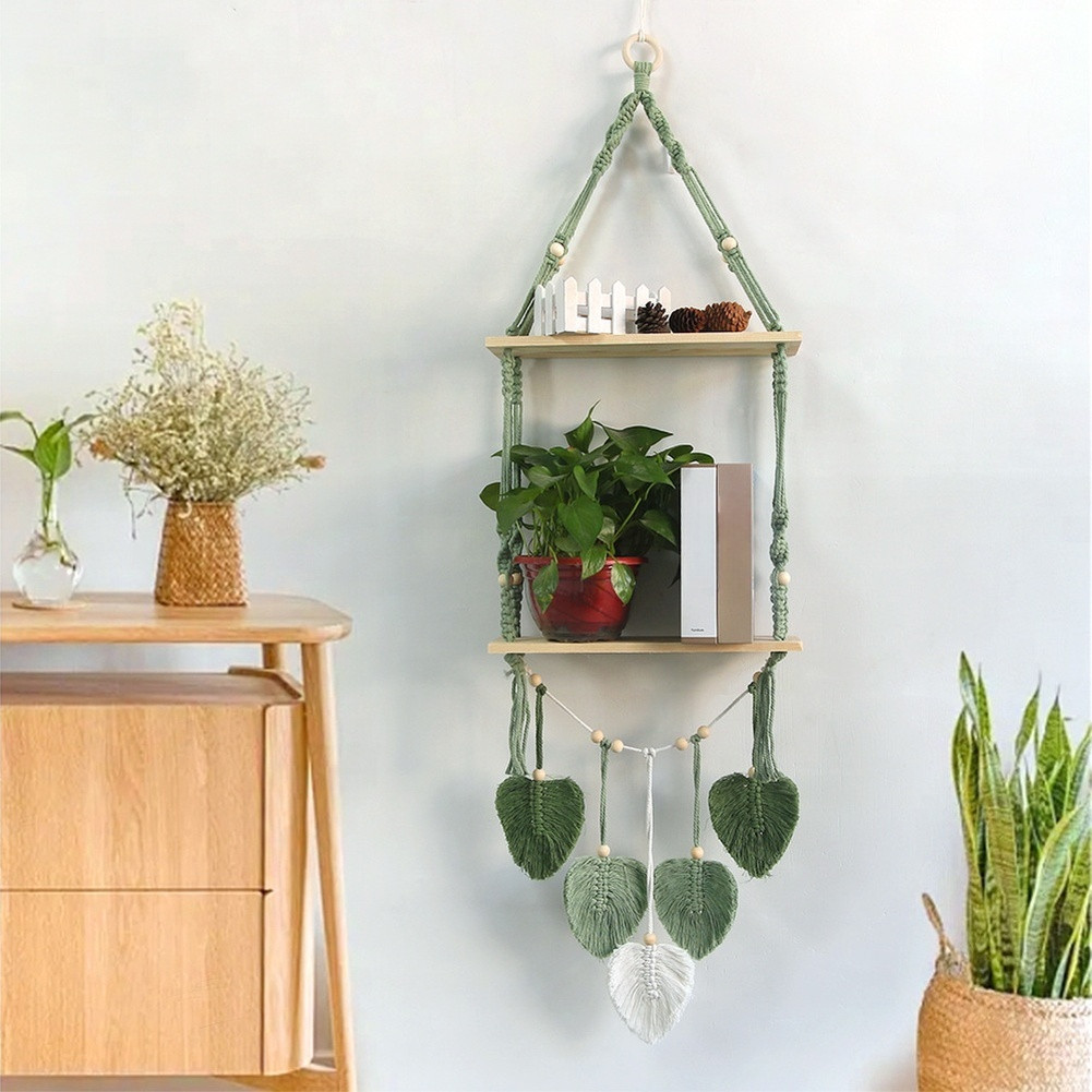 Green Woven Wall Shelf for Plants Bohemian Macrame For Living Room Decor