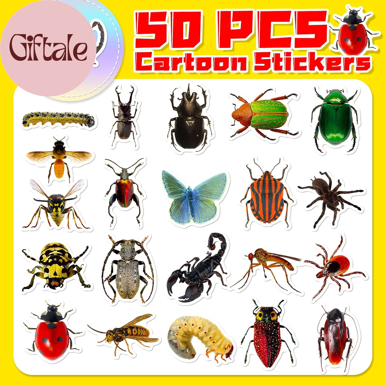 50 Pcs Lifelike Bug Stickers Pack for Kids Teens Adults, Waterproof Vinyl Insect