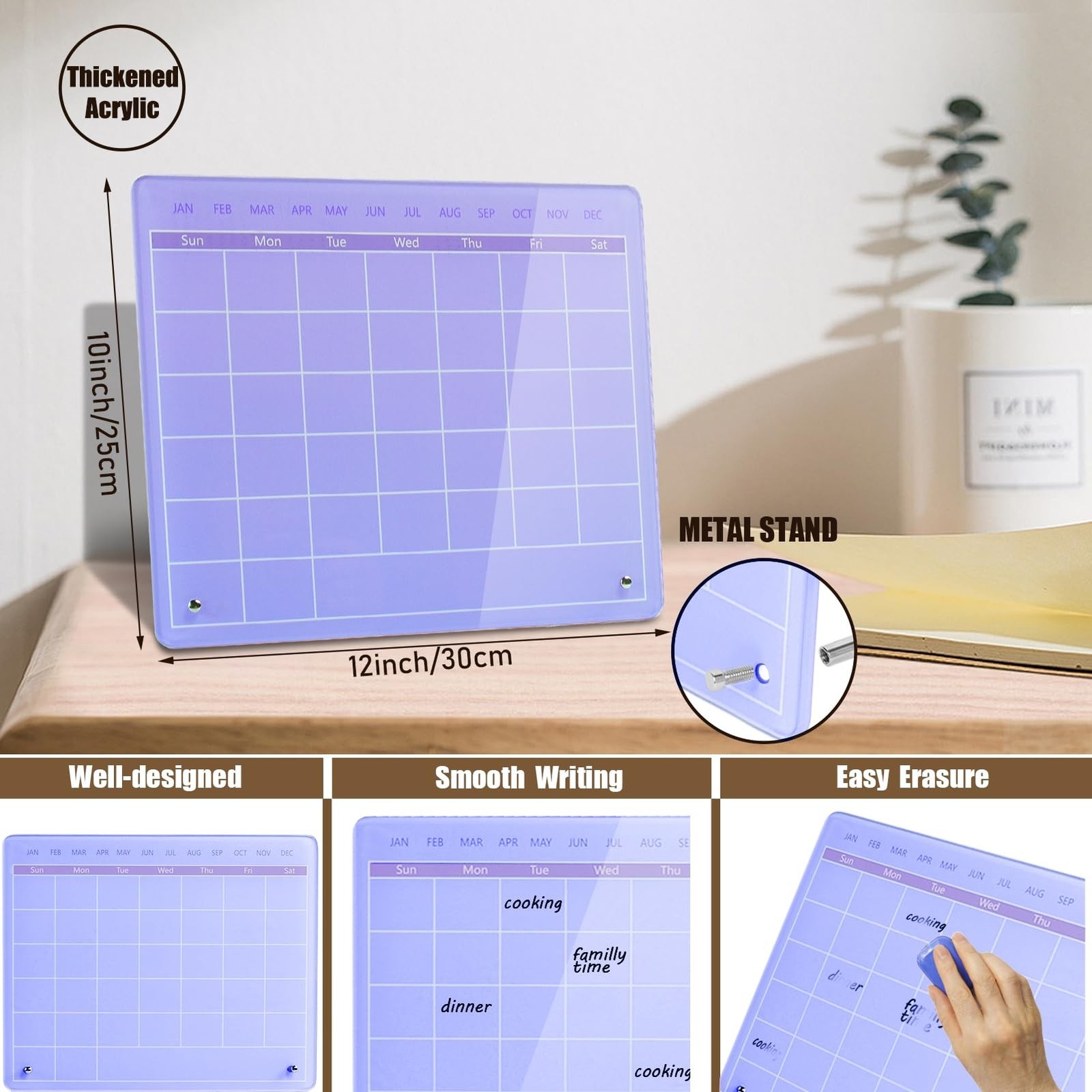 Calendar Dry Erase Board,12"X10",Acrylic Desk Calendar with Stand,Purple Dry …
