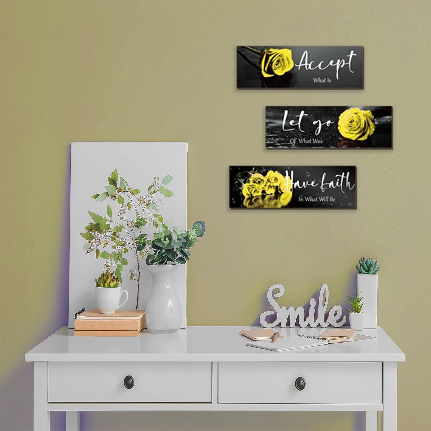 Charming 3-Pc Yellow Rose Wall Decor with Faith-Inspiring Quotes – 12×4 Inches