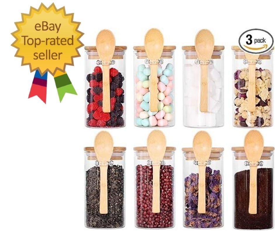 Glass Jar with Bamboo Lid and Spoon, 8Pack 10 OZ Tea Containers for Loose Lea…