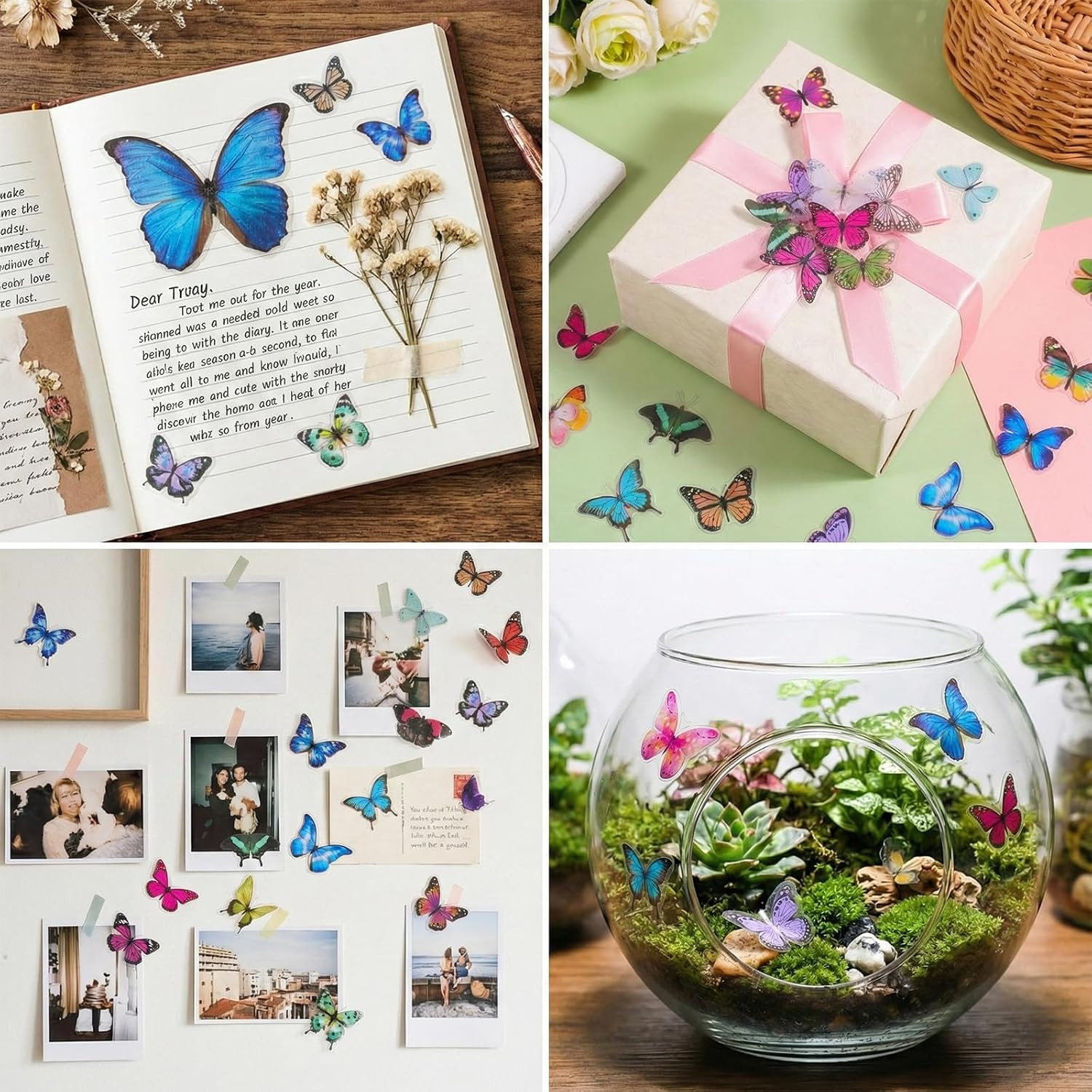 240PCS Butterfly Stickers PET Waterproof Transparent Colorful Resin Decals Deco
