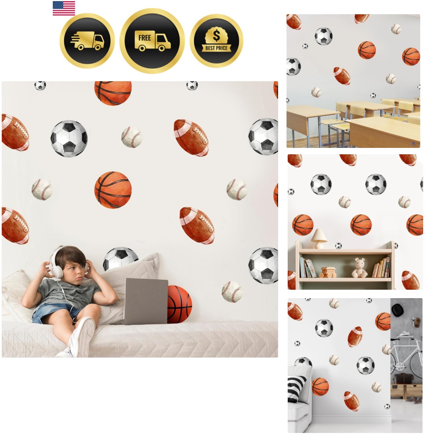 Sport Balls Wall Decals, Sports Wall Stickers, Boy Kids Athletic Decor, Socce…