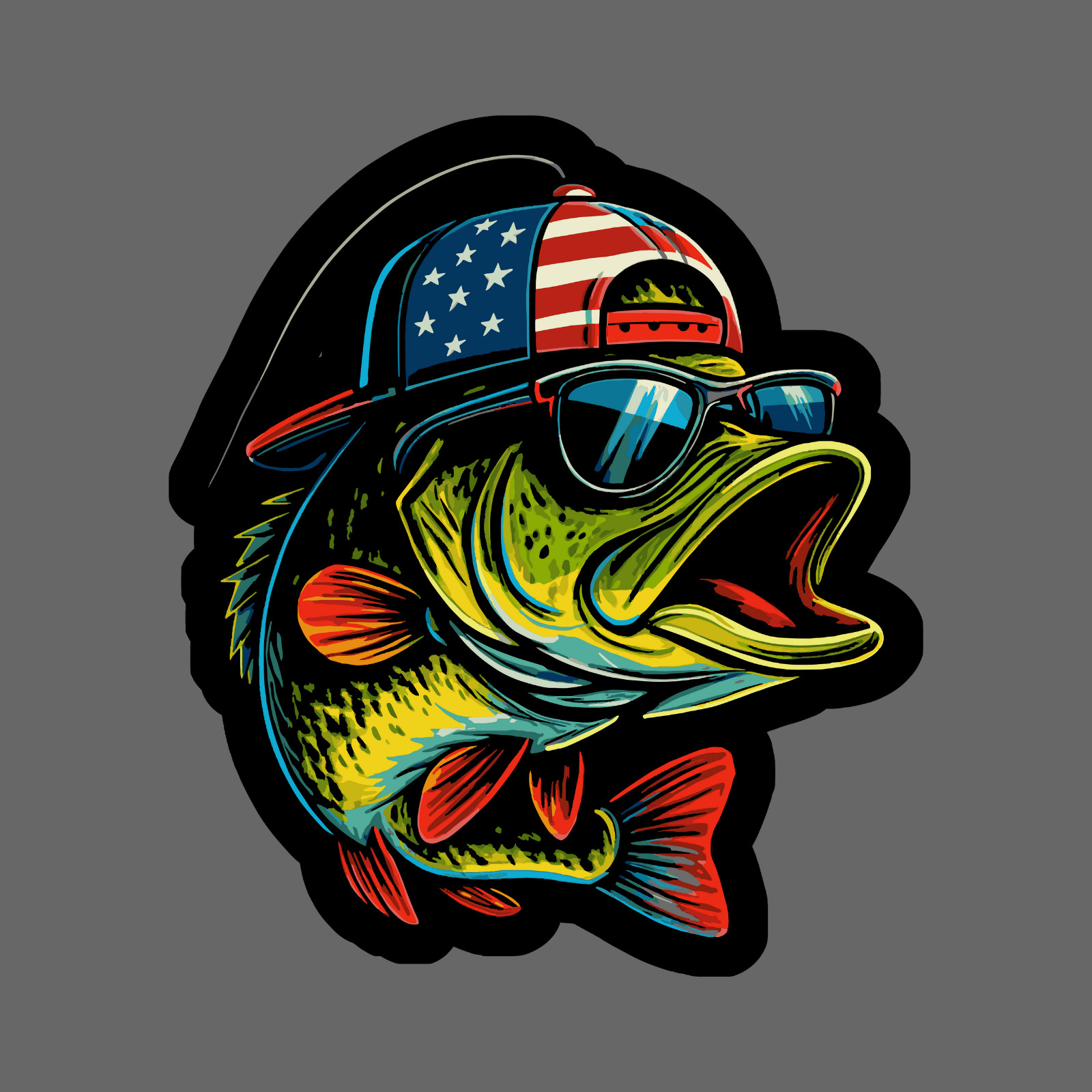 Fishing sticker vinyl decal patriotic bass sunglasses USA hat bold vibrant art