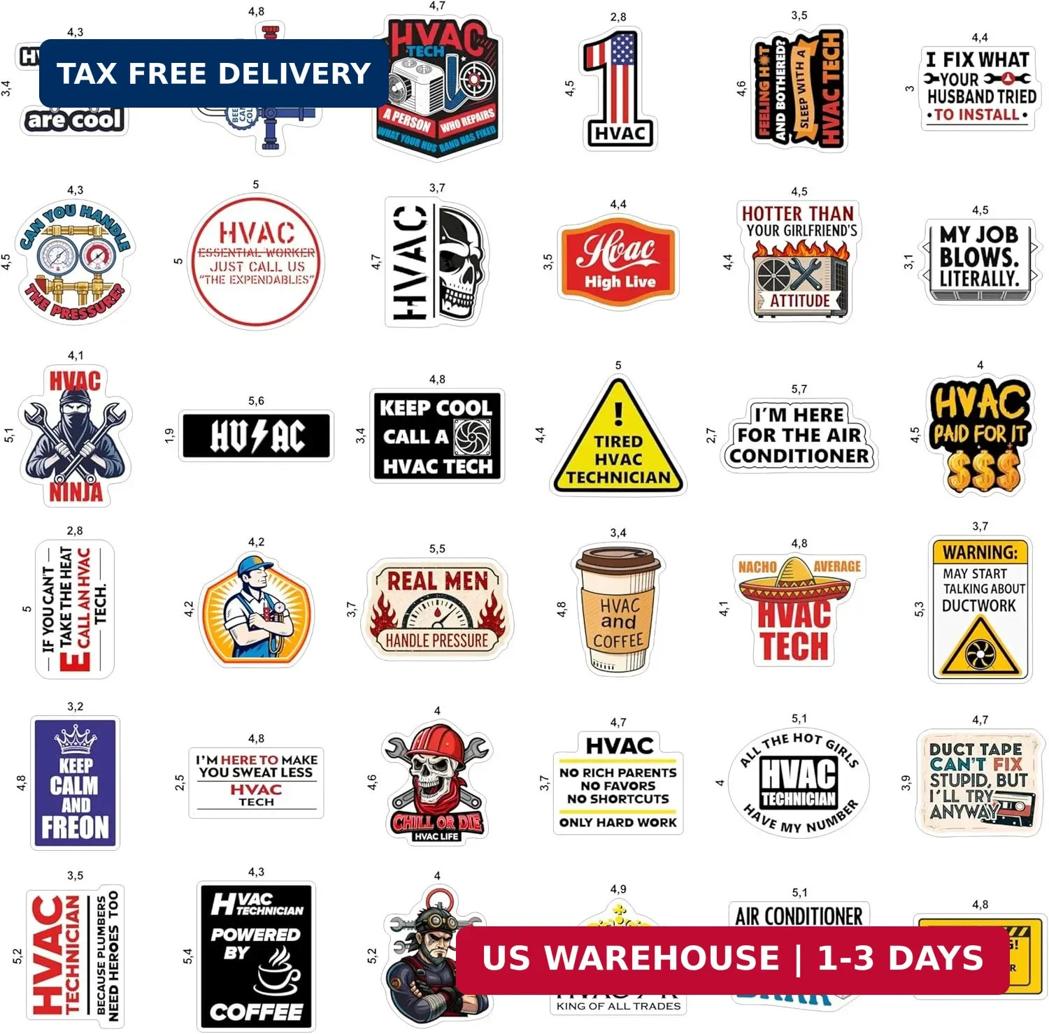 100Pcs HVAC Stickers Hard Hat, Water Bottle, Laptop – HVAC Toolbox Decals – Air